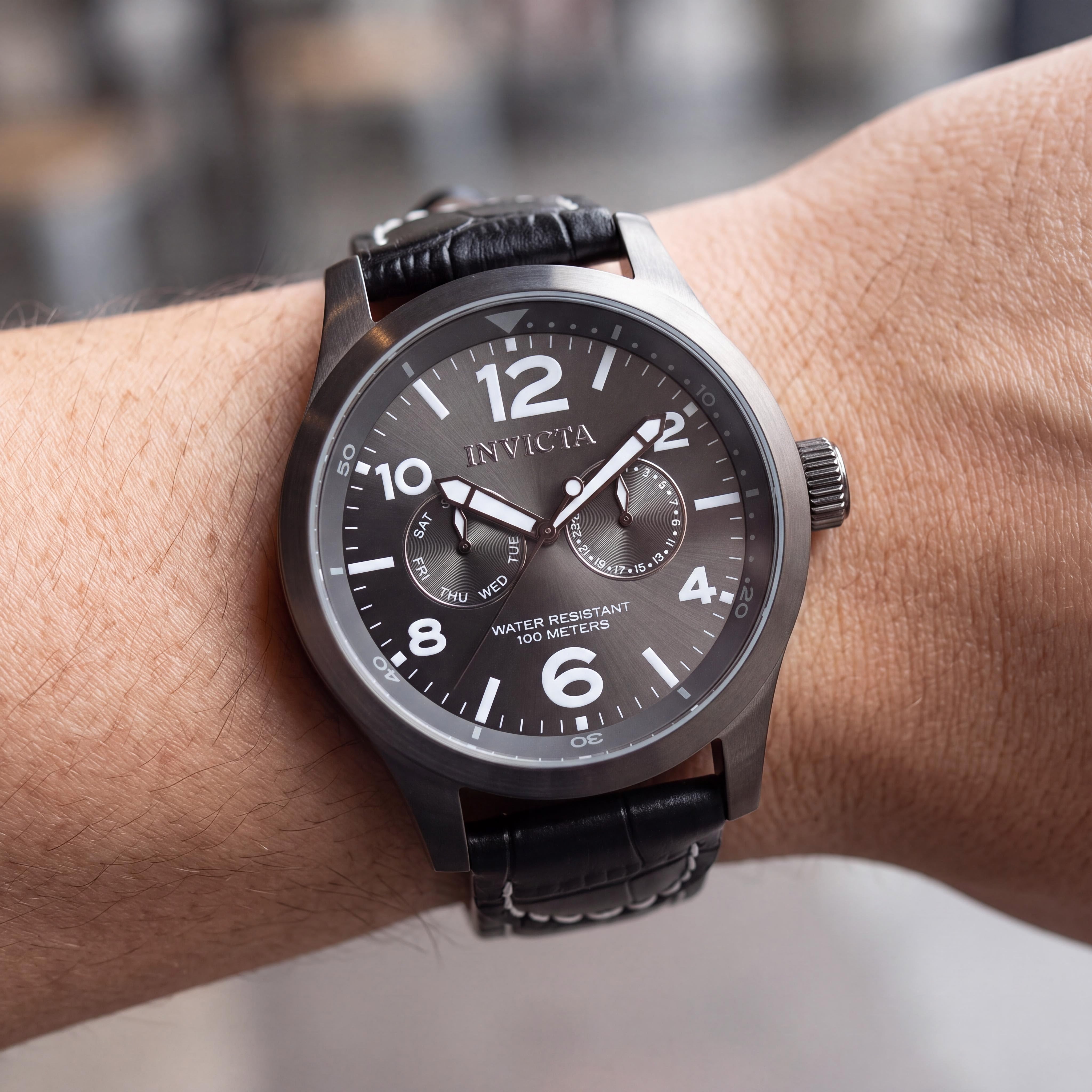 Invicta I-Force 10492 Unisex Quartz Stainless Steel Grey Dial Leather Strap Glow In The Dark Watch 48mm, Photo 4