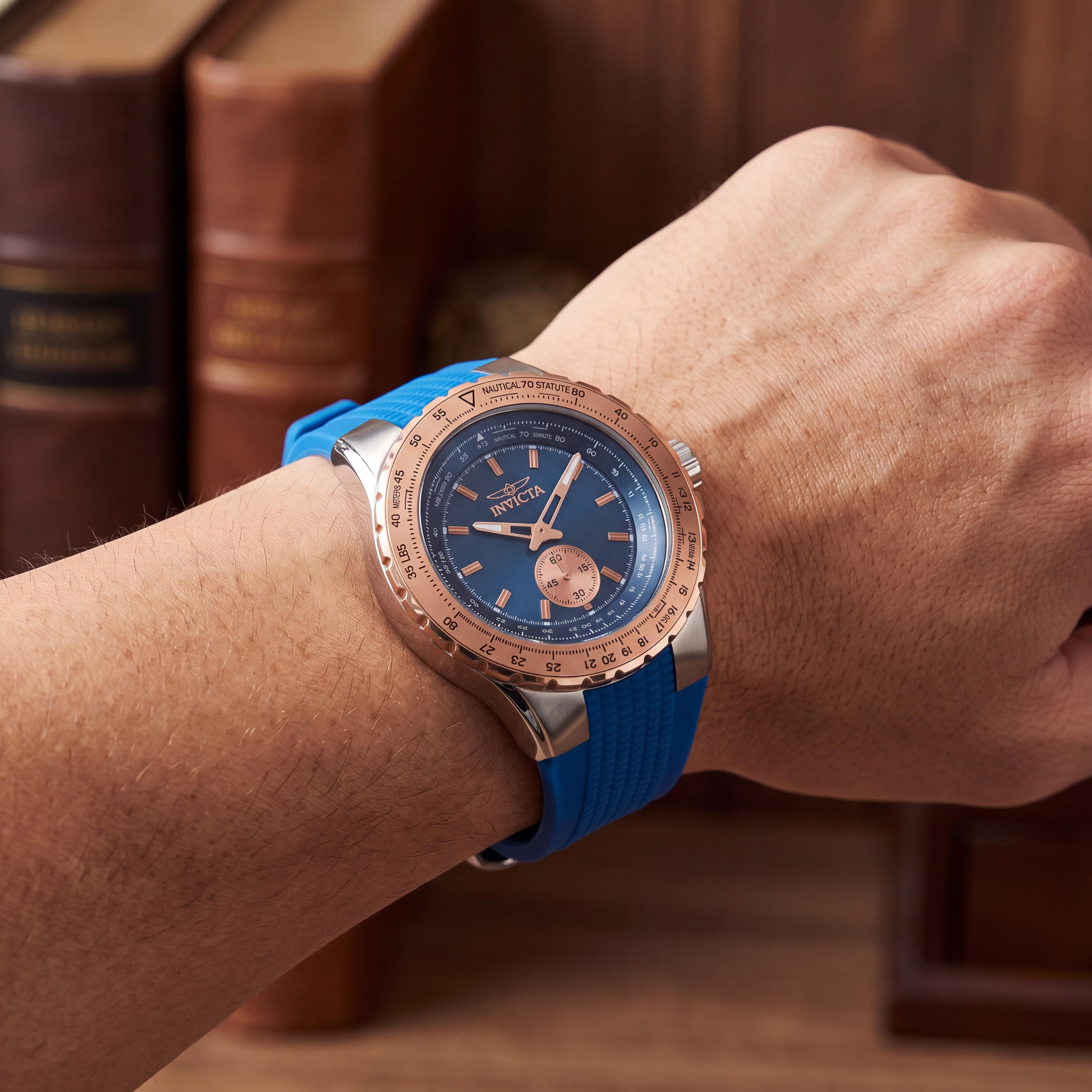 Invicta Aviator 49309 Men's Quartz Wrist Watch, 50mm Stainless Steel Case, Blue Dial, Silicone Strap, Photo 4