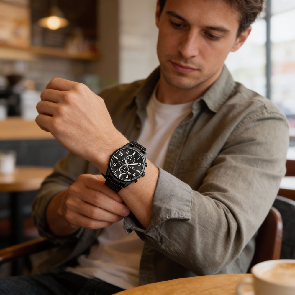 Reloj Oceanaut para hombre, con esfera negra, caja y pulsera de acero inoxidable, cronógrafo de cuarzo, resistente al agua hasta 100 m.