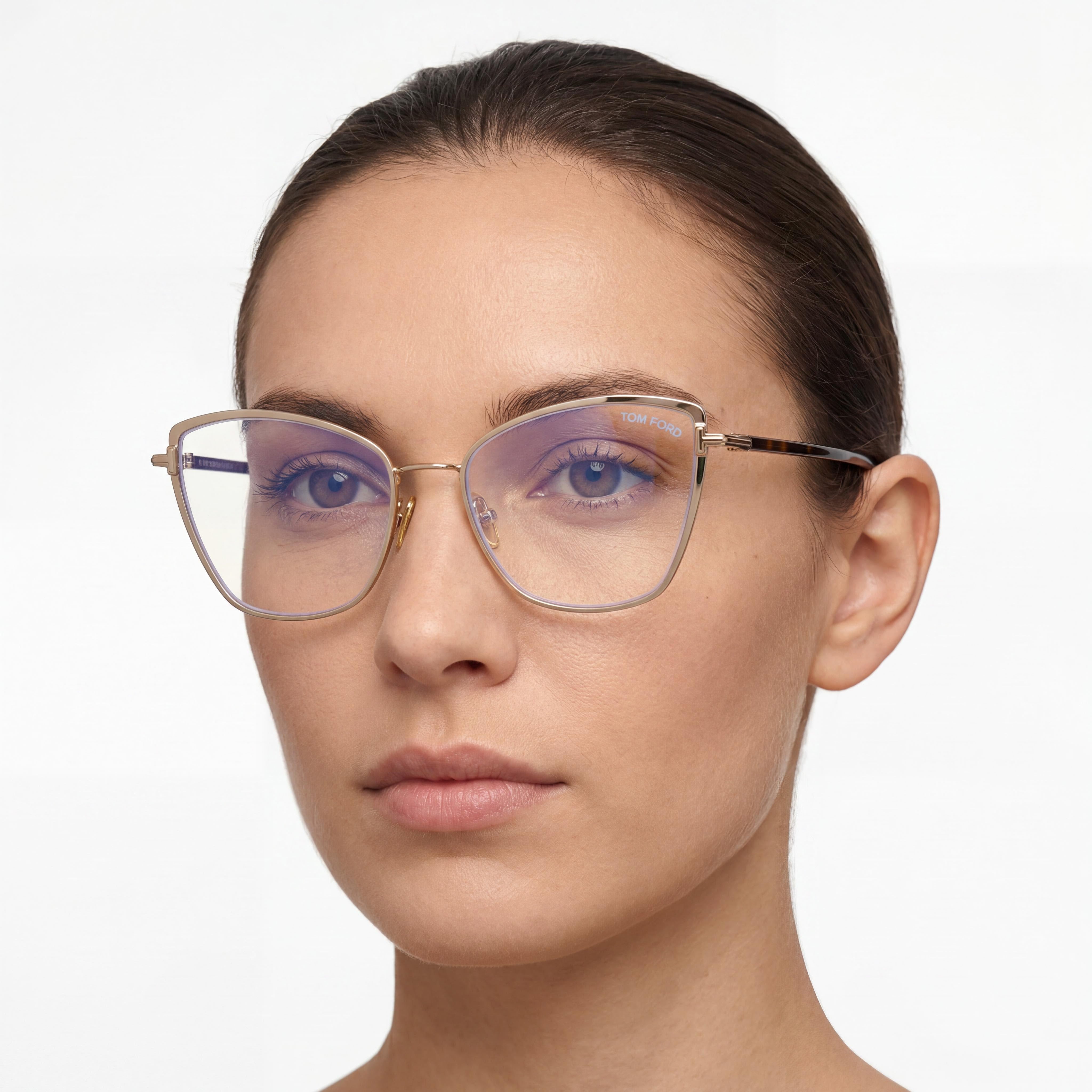 Gafas de vista Tom Ford FT5740-B para mujer, con montura de ojo de gato, de metal, con bloqueo de luz azul, en oro rosa brillante y habana oscuro, 54 mm, Photo 5
