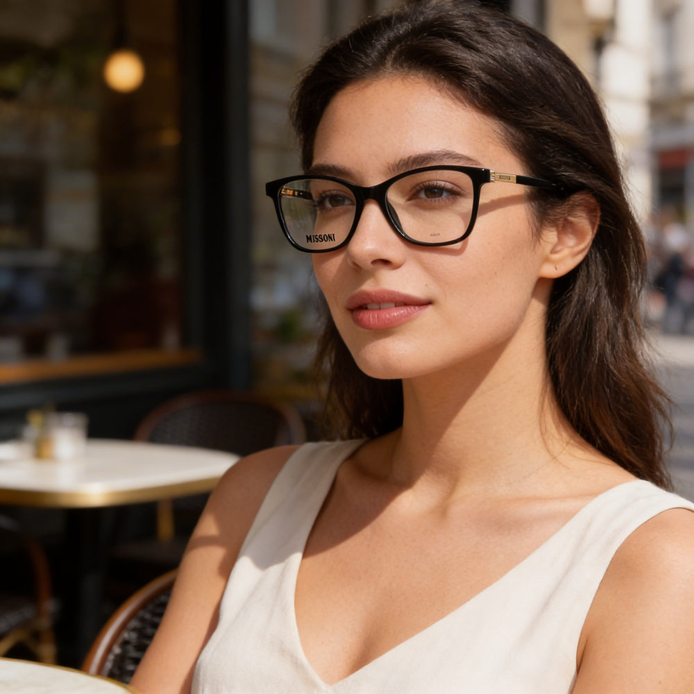 Gafas modernas M Missoni para mujer con montura de acetato negro y lentes de policarbonato negro, 53 mm de ancho de lente