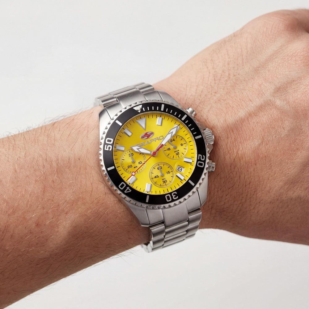 Reloj Seapro para hombre con cronógrafo de cuarzo, esfera amarilla, acero inoxidable, mineral resistente a arañazos, resistente al agua hasta 200 m.