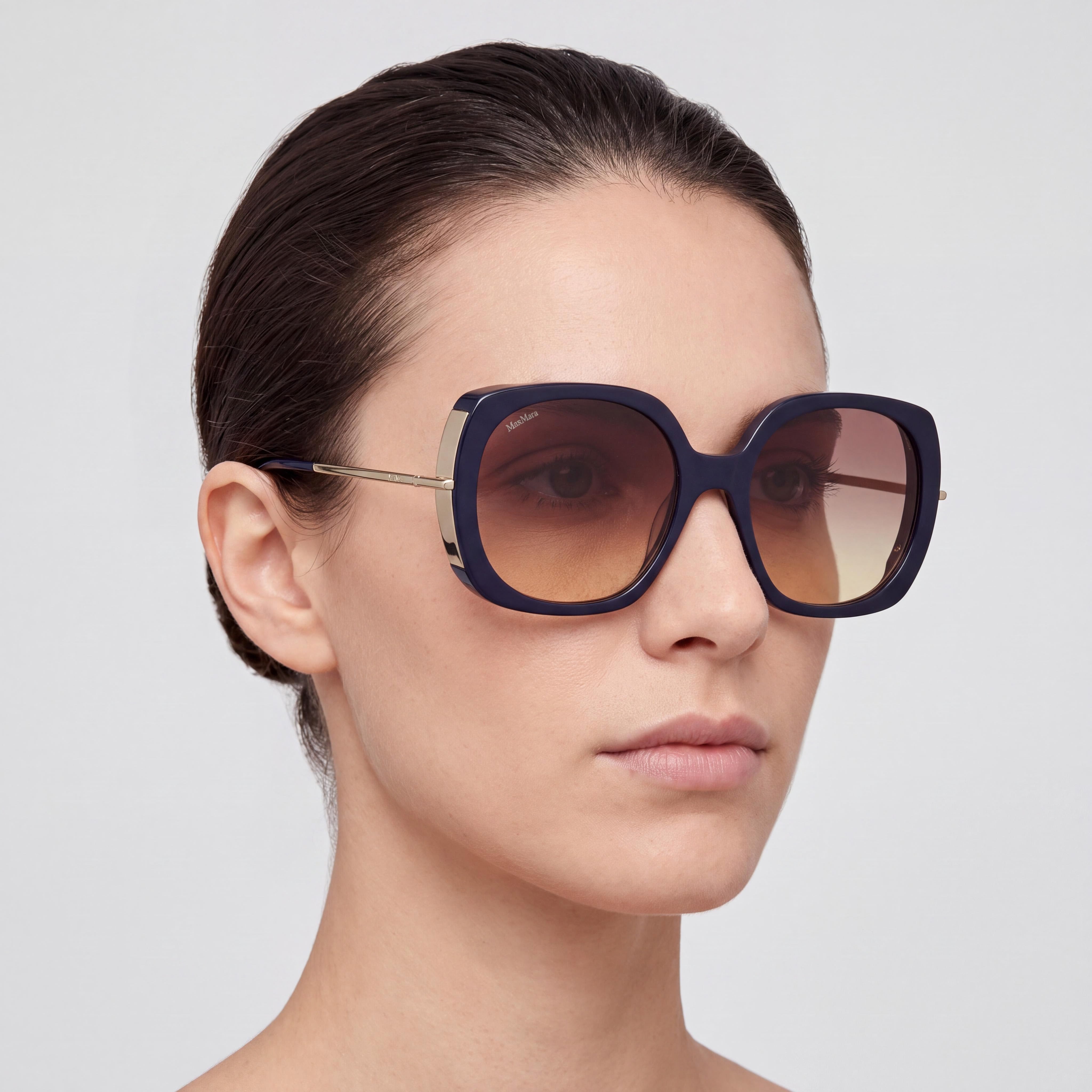 MaxMara MM0079 Clásico Women's Acetate Non-Polarized Sunglasses with Gradient Brown Lenses, Shiny Blue, Shiny Pale Gold 58-19-135, Photo 4
