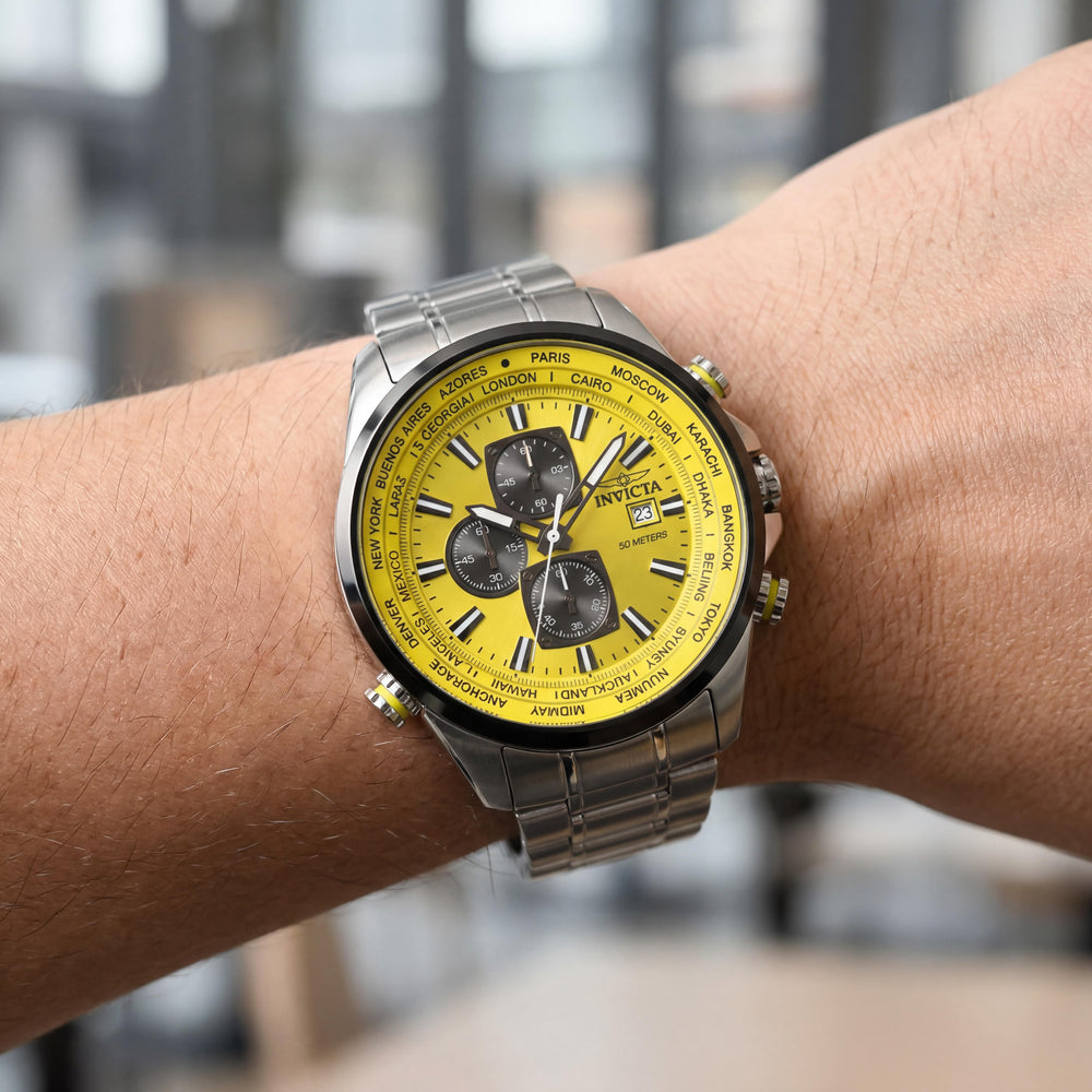 Reloj Invicta Aviator 50503 de Cuarzo para Hombre, Caja de 50mm, Esfera Amarilla, Brazalete de Acero Inoxidable