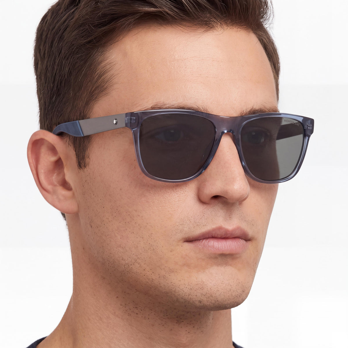 MONTBLANC Men's Square/Rectangle Sunglasses, Blue Ruthenium Grey Recycled Acetate & Metal, 56mm, Photo 4