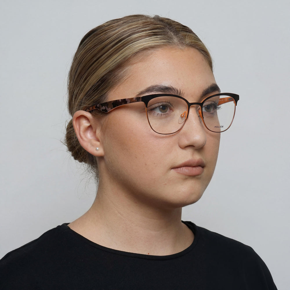 Gafas de sol clásicas POLICE para mujer, de metal, color marrón con detalles naranjas, lente transparente de 51 mm
