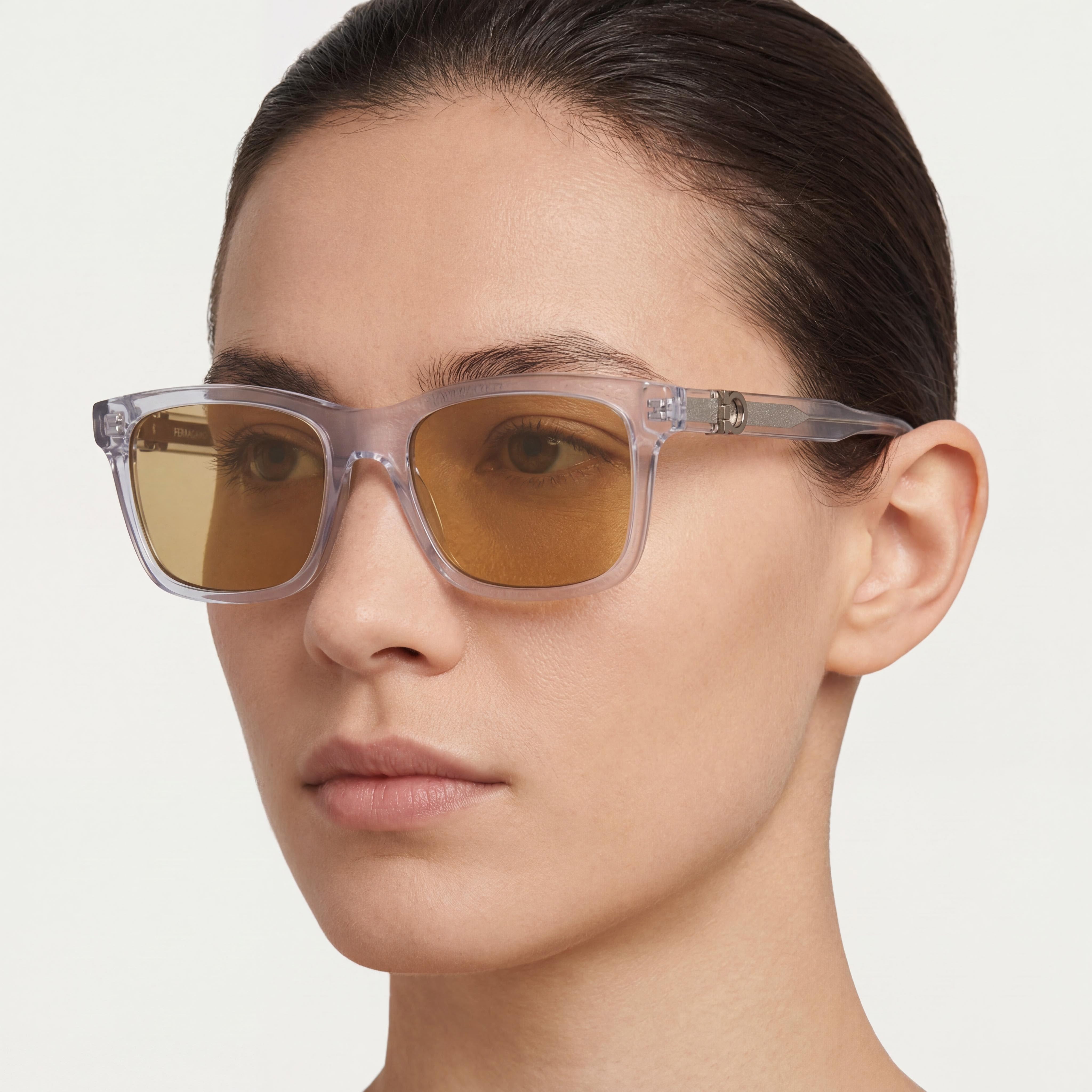 Gafas de sol rectangulares Ferragamo modernas unisex de acetato con montura gris transparente, protección UV 400 no polarizadas de 55 mm, Photo 5