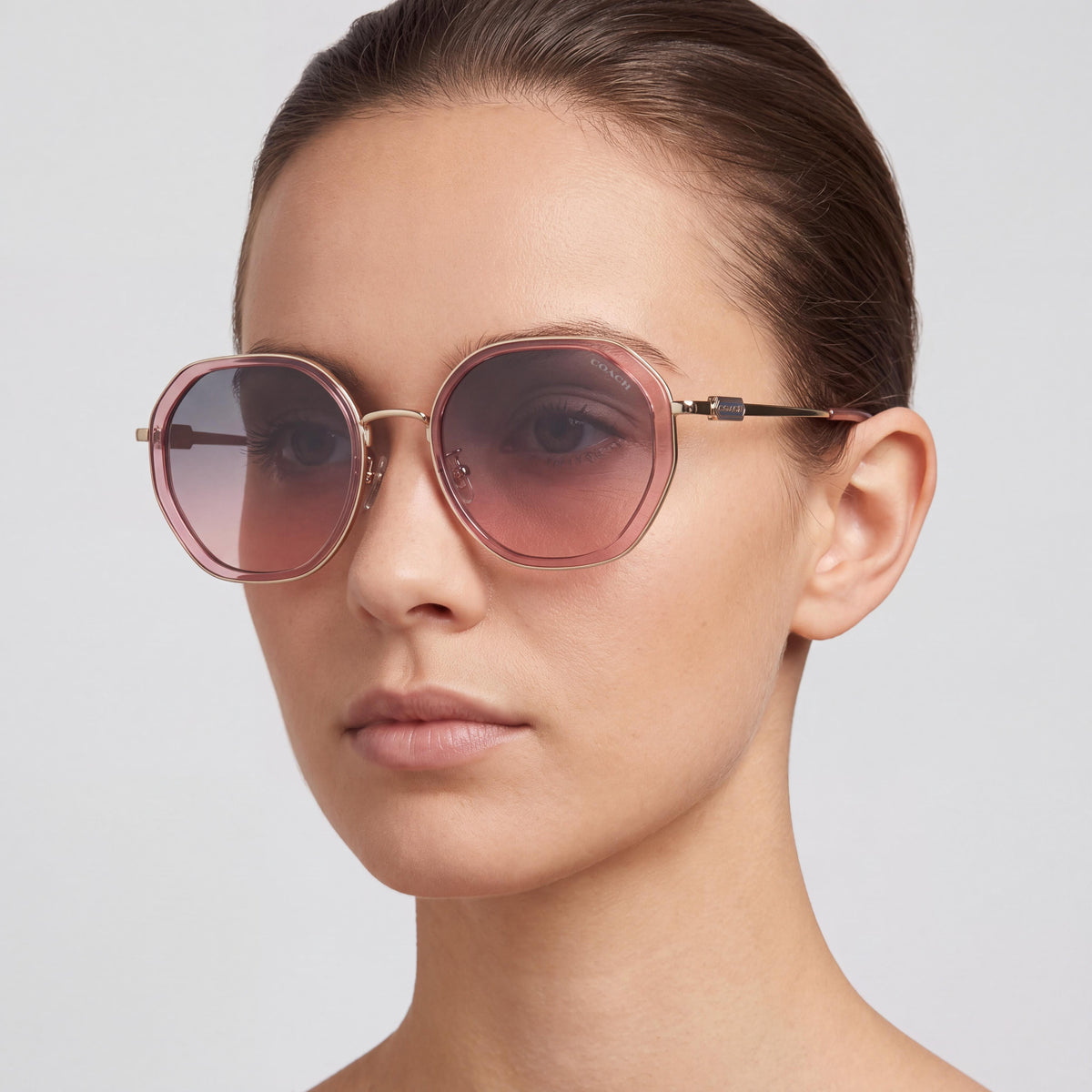 Coach HC7141 Women's Octagonal Acetate Transparent Pink Sunglasses with Plum Purple Scarlet Gradient Lenses 100% UV Protection 54mm, Photo 4