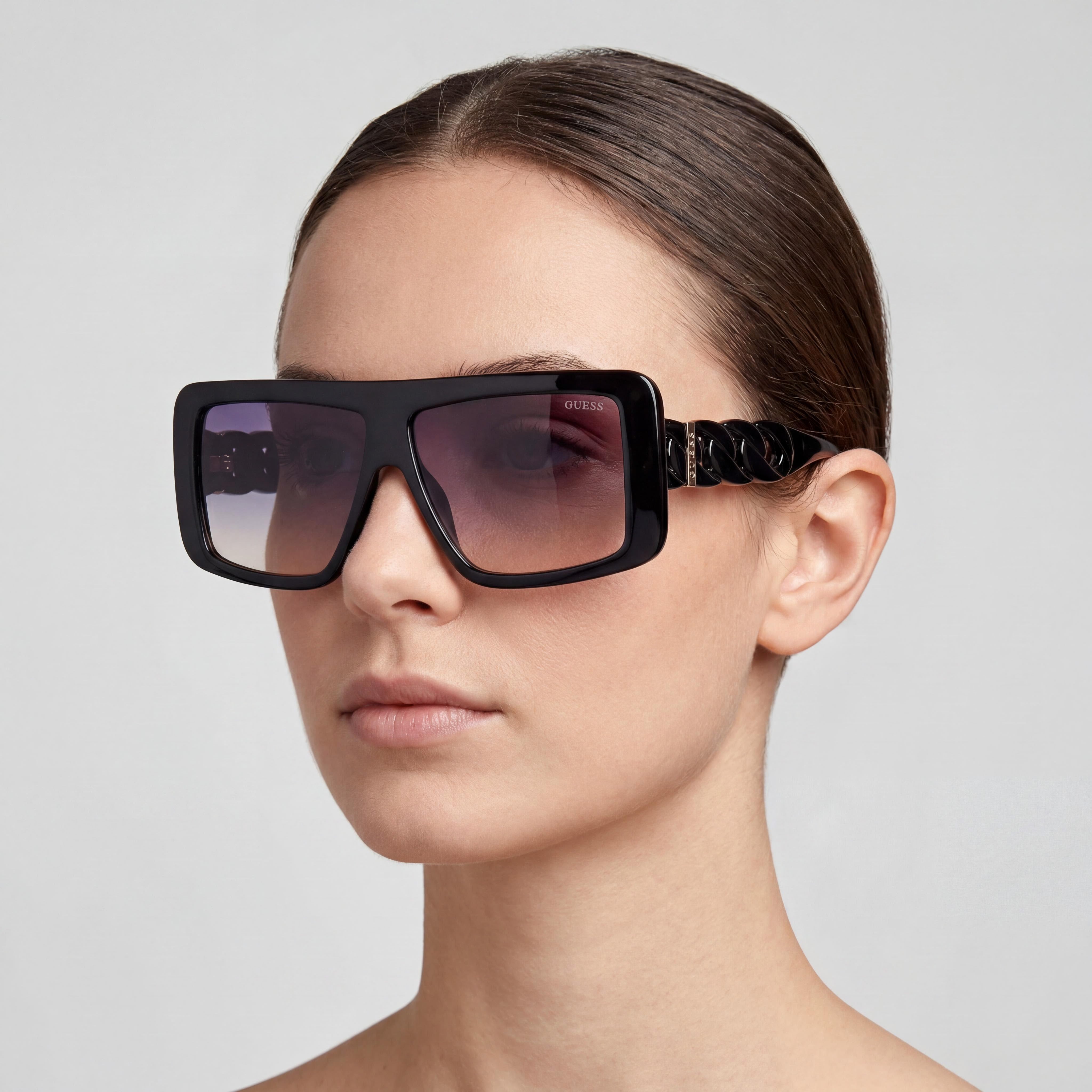 GUESS Modern Women's Shiny Black Injected Frame Sunglasses, UV Protected Polycarbonate Gradient Smoke Lenses 60mm, Photo 3