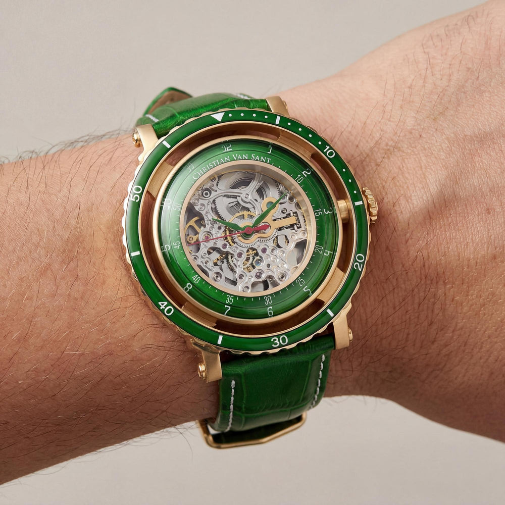 Christian Van Sant Men's Automatic Watch, Silver Stainless Steel Case, Silver Skeleton Dial, Leather Strap