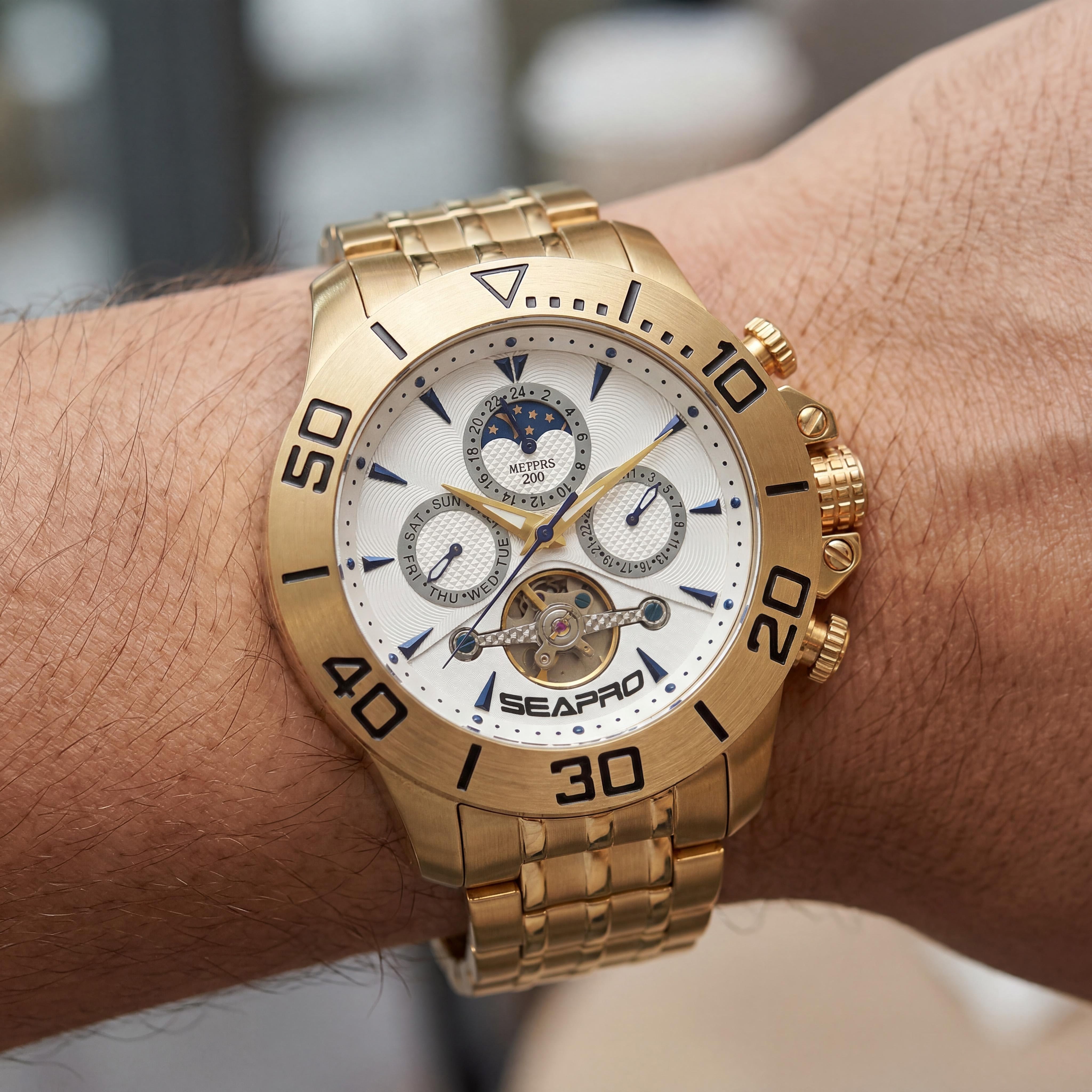 Reloj de hombre Seapro Montecillo automático cronógrafo fase lunar de acero inoxidable dorado 50 mm resistente al agua 200 m, Photo 4