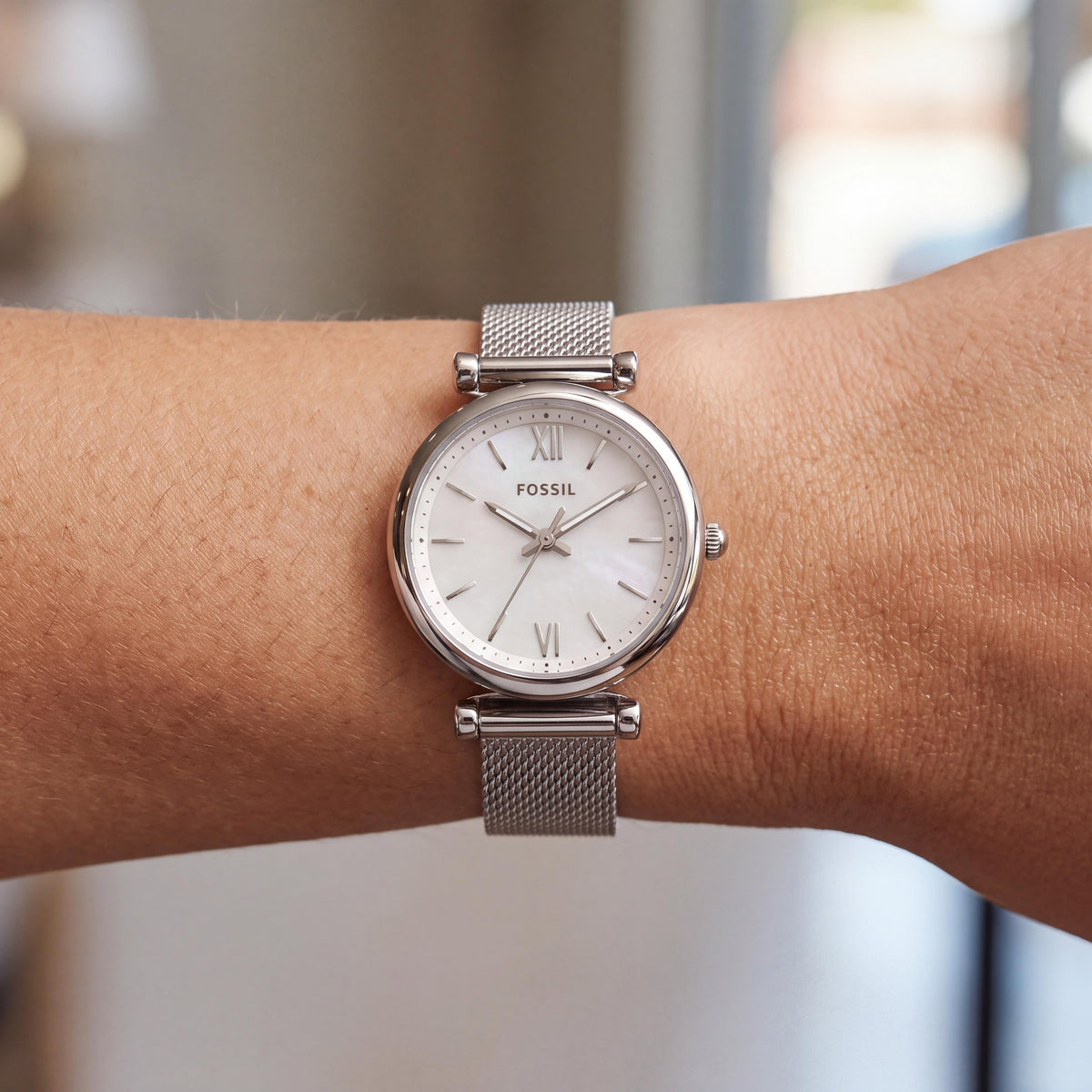 Fossil Women's Carlie - ES4432 Silver Mesh Stainless Steel Watch, White Dial, 28mm Case, Water Resistant, Photo 4