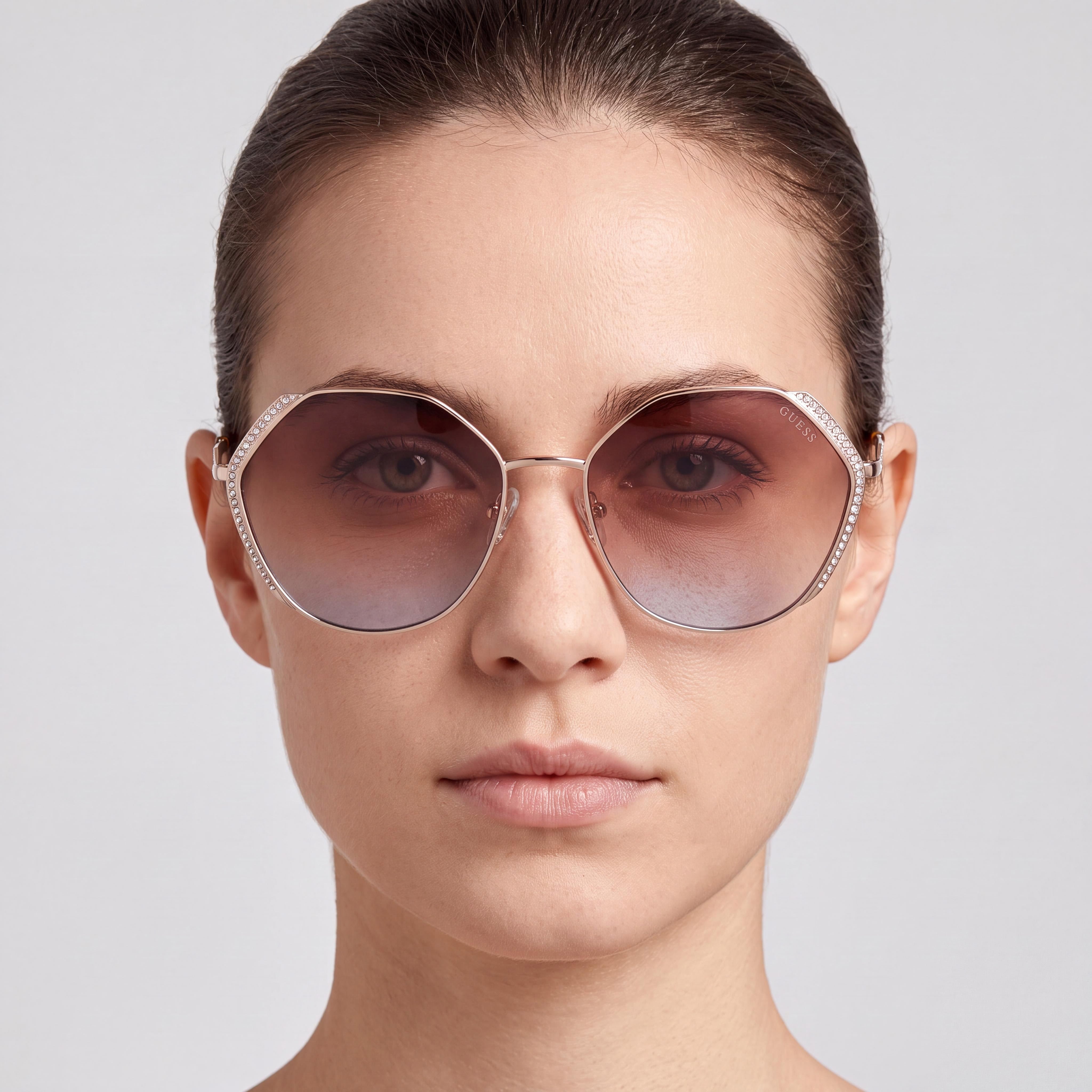 GUESS Geometric Stone Women's Gold Metal Oversize 100% UV Gradient Brown Sunglasses 58mm, Photo 5