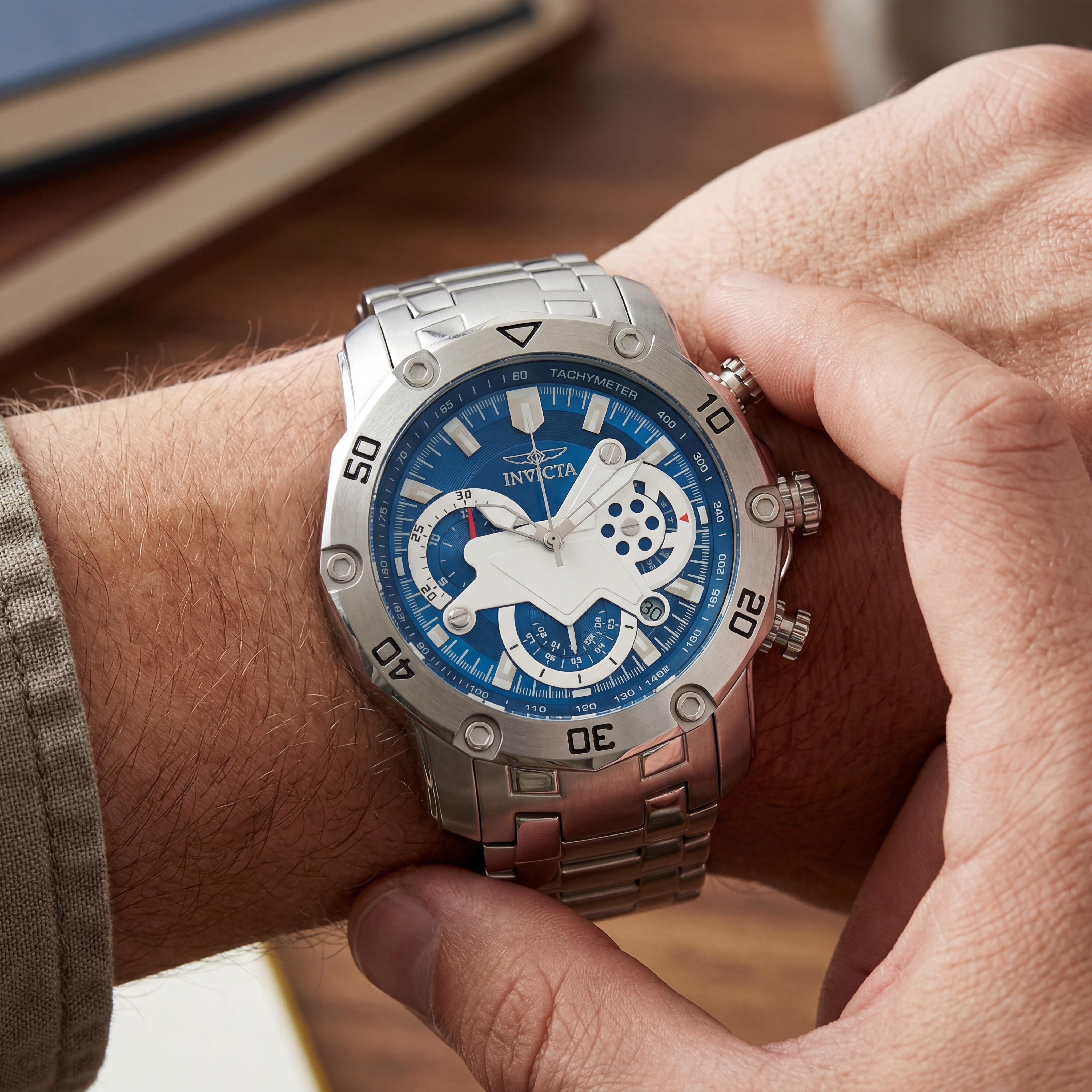 Invicta Diver 22764 Chronograph Men's Quartz Silver Stainless Steel Blue Dial Flame Fusion Crystal Watch 49mm, Photo 4