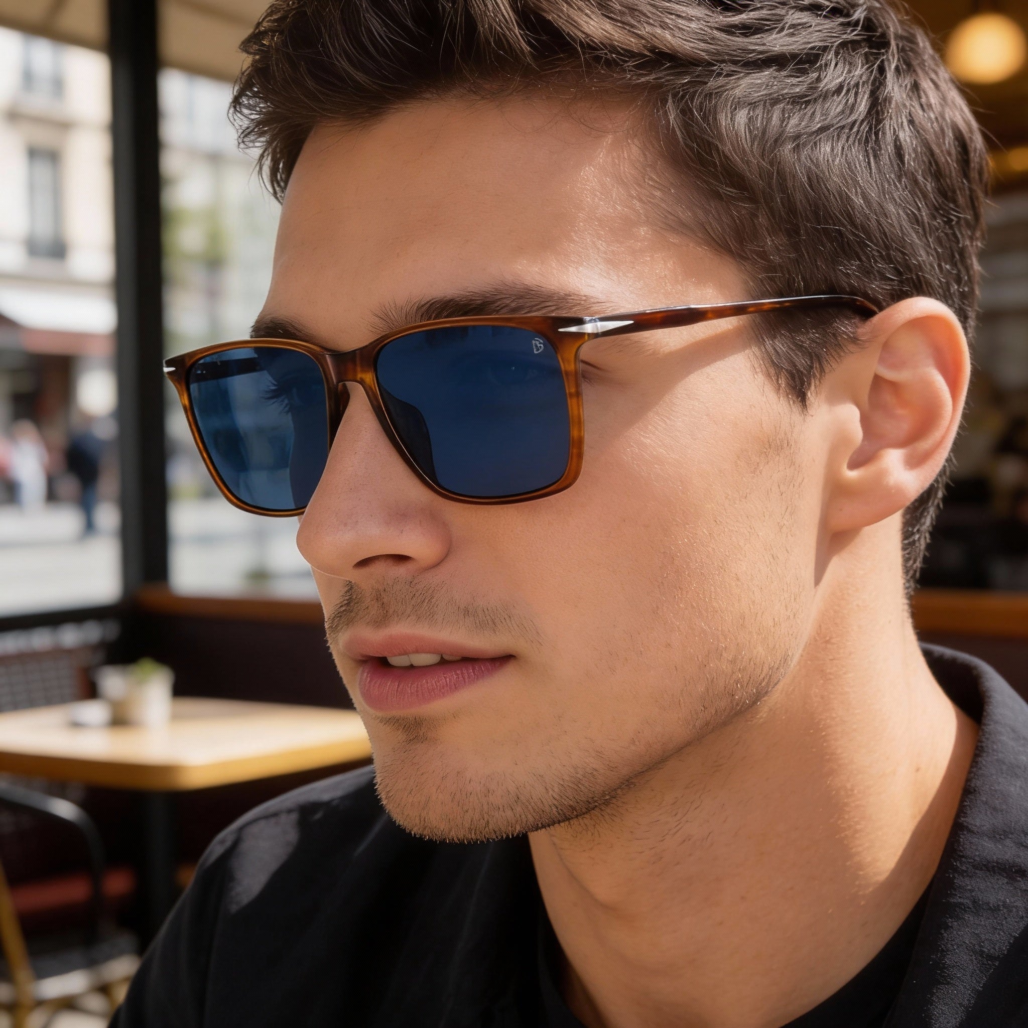 David Beckham Casual Men's Light Acetate Brown Horn Frame Sunglasses with Blue Lenses 58mm, Photo 5