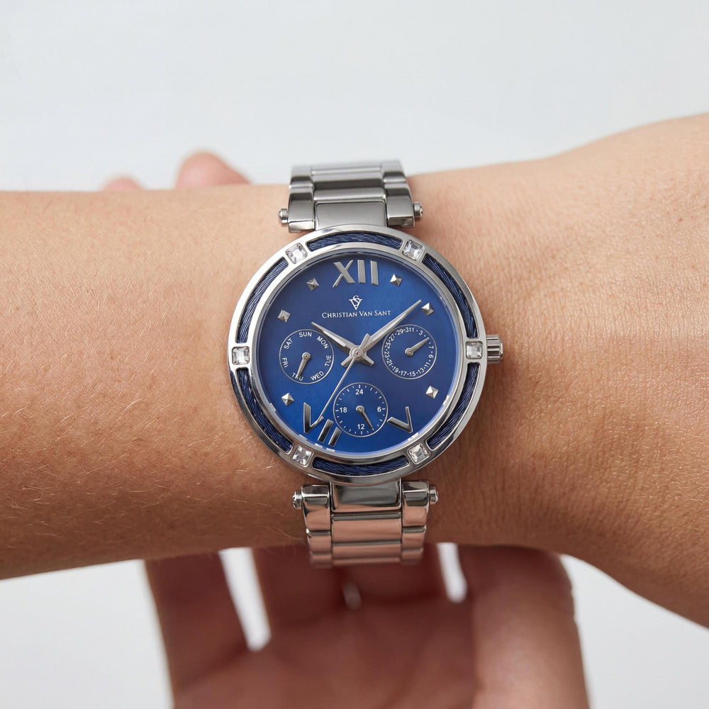 Reloj de pulsera Christian Van Sant para mujer, caja de acero inoxidable, brazalete de acero inoxidable, esfera azul, cronógrafo, movimiento de cuarzo