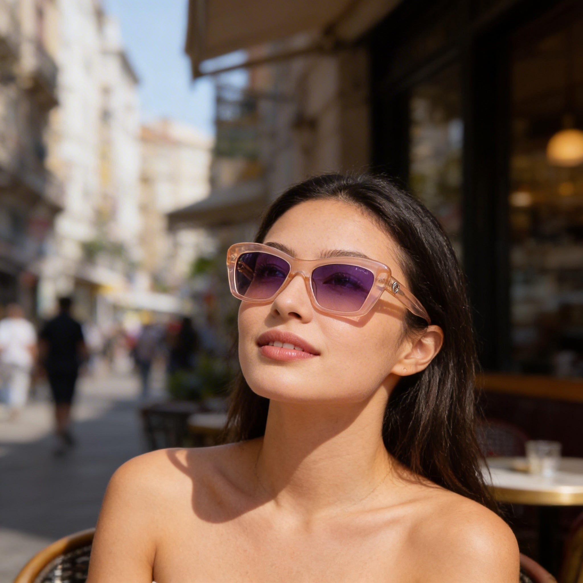 GUESS Women's Plastic Rectangular Sunglasses, Shiny Light Orange, Violet Lenses, UV Protection, 52mm, Photo 5