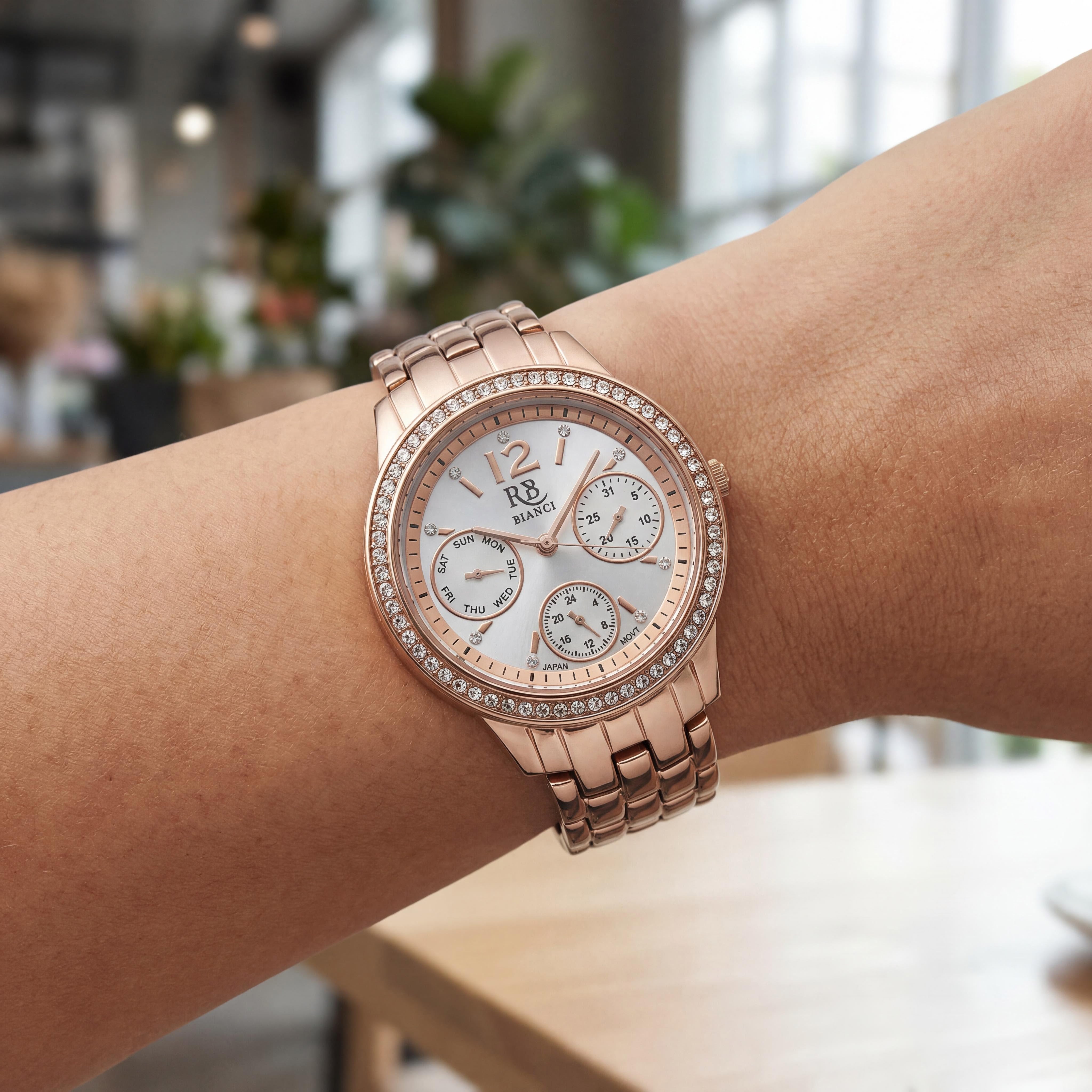 Reloj multfunción Roberto Bianci Valentini para mujer con caja rosa, esfera de nácar blanco y detalles de cristal, Photo 4