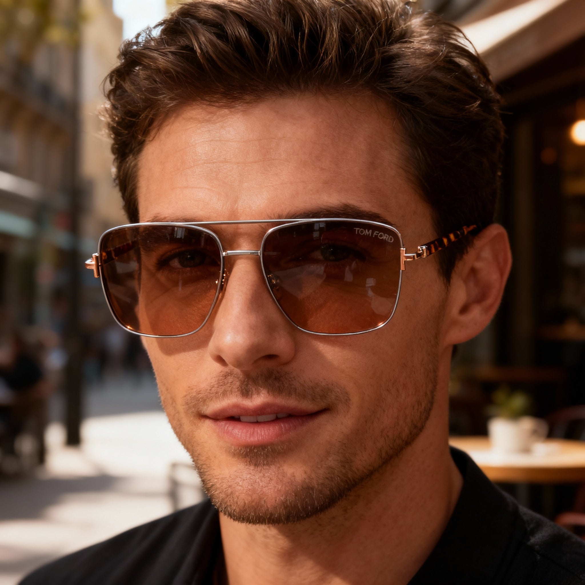 Tom Ford Contemporary Fern FT1029 Men's Metal Square Sunglasses, Shiny Satin Dark Ruthenium Dark Havana Frame, Brown Mirror Lenses 57mm, Photo 4