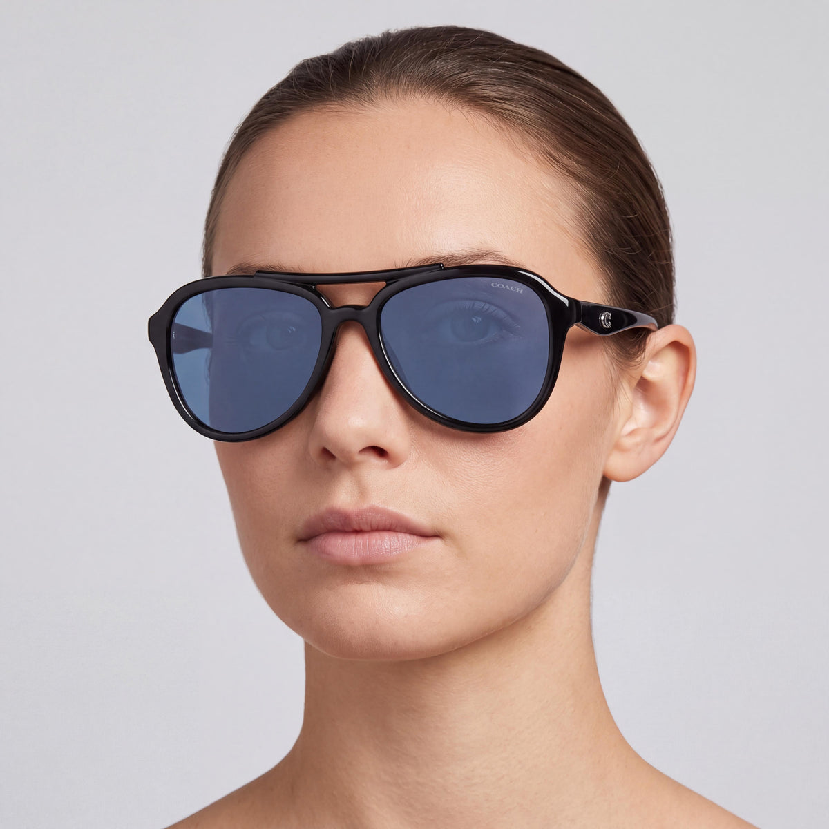 Coach Hc8406u Women's Aviator Black Blue Plastic Frame Blue Lenses 55mm Universal Fit UV Protection, Photo 3