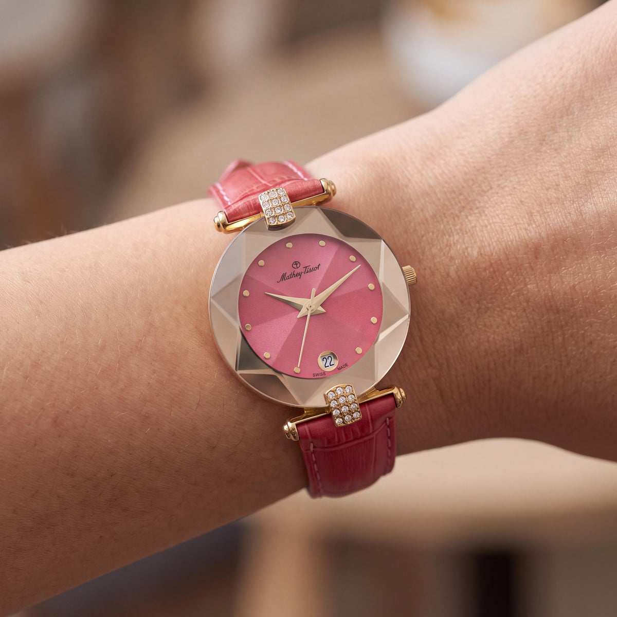 Mathey-Tissot P317F Women's Pink Dial Stainless Steel Water Resistant Watch with Leather Strap, Photo 4