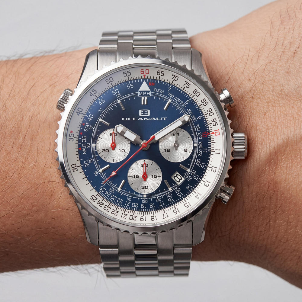 Reloj cronógrafo Oceanaut de acero inoxidable para hombre, esfera azul, caja de 48 mm, resistente al agua hasta 100 m.