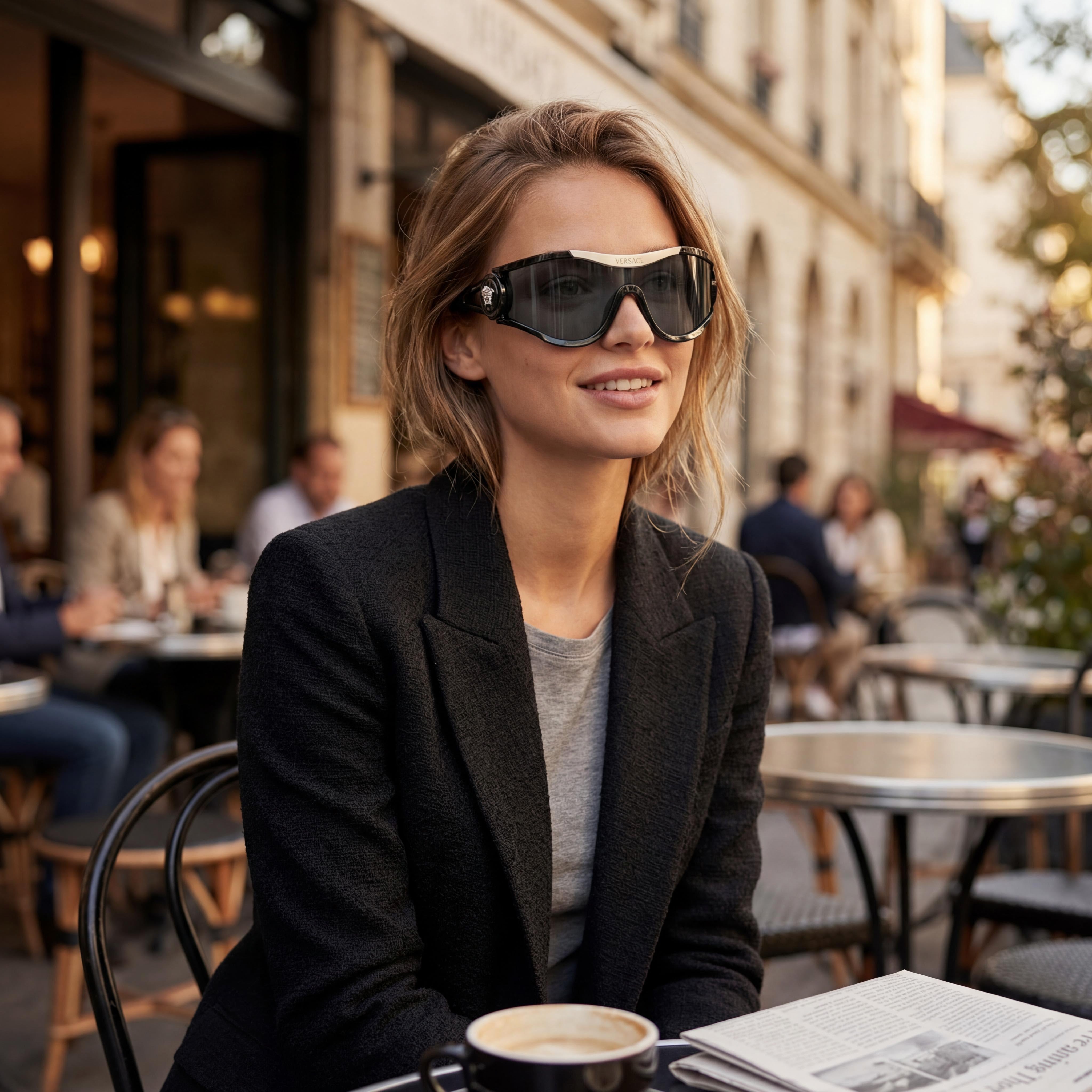Gafas Versace Classic unisex de acetato negro con montura gris oscuro y lentes gris oscuro de 42 mm, Photo 6