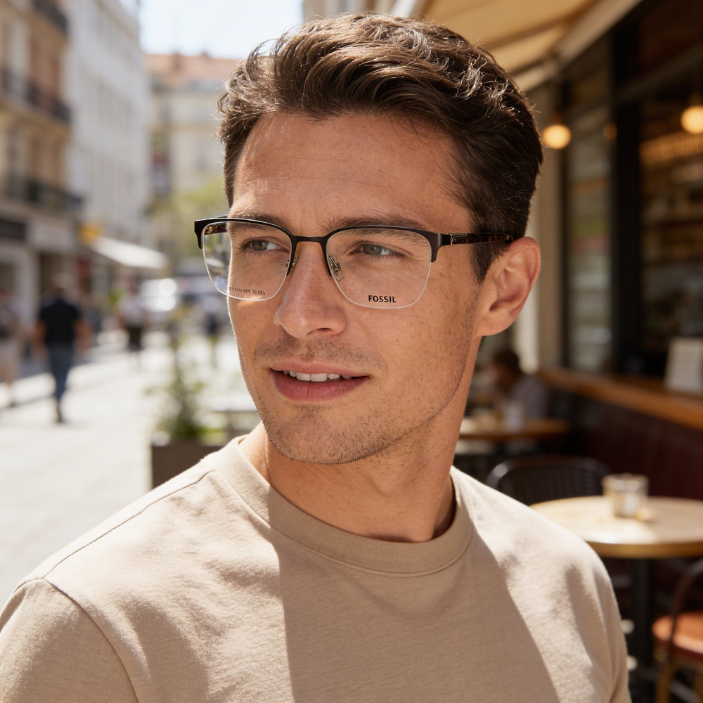 Gafas Fossil Fos 7110/G para hombre, cuadradas, de acero inoxidable, semi-sin montura, color marrón mate, con lentes transparentes de policarbonato, 54 mm