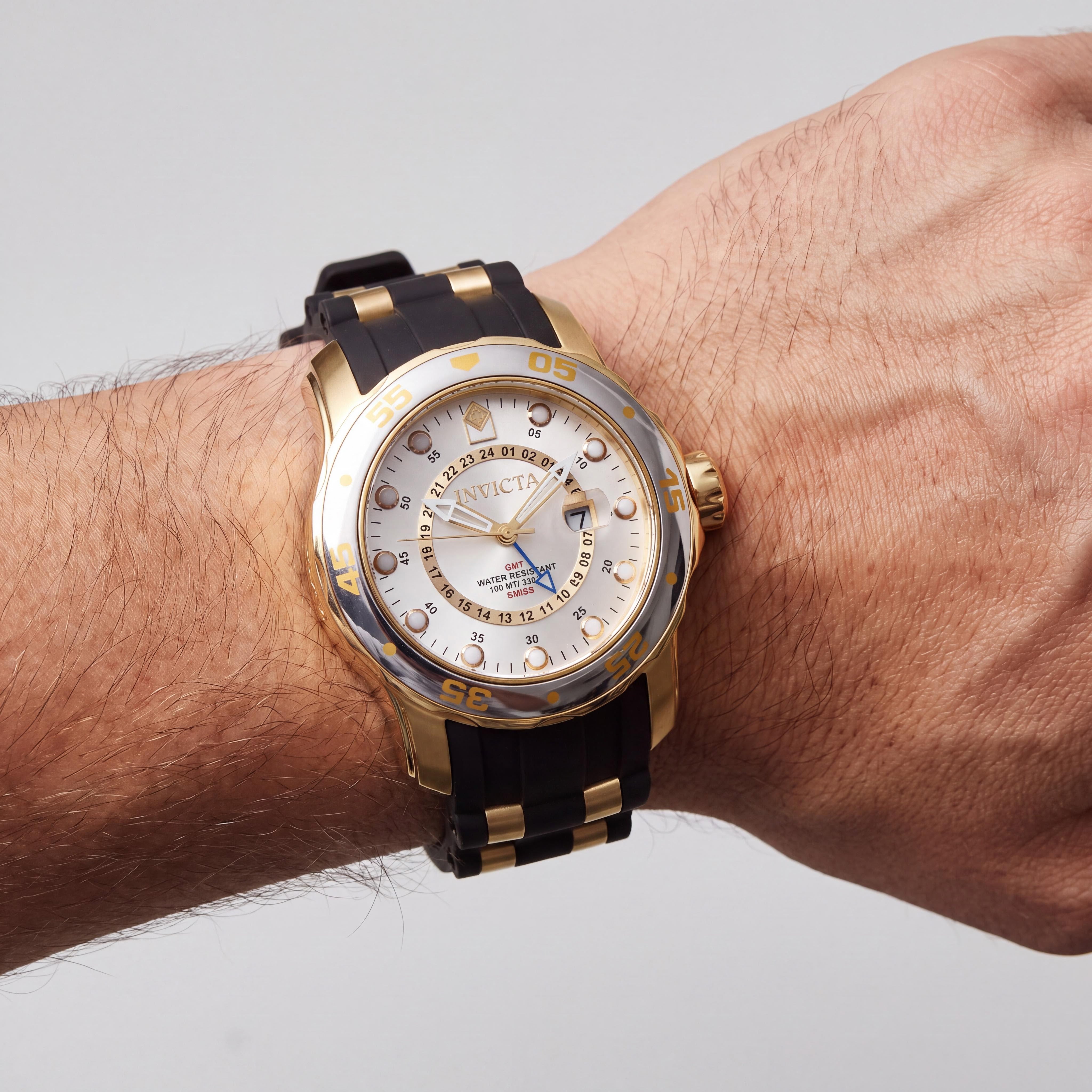 Invicta Silver-Tone Unisex Swiss-Quartz 18k Gold-Plated Stainless Steel Case Black Strap World Time Watch, Photo 4