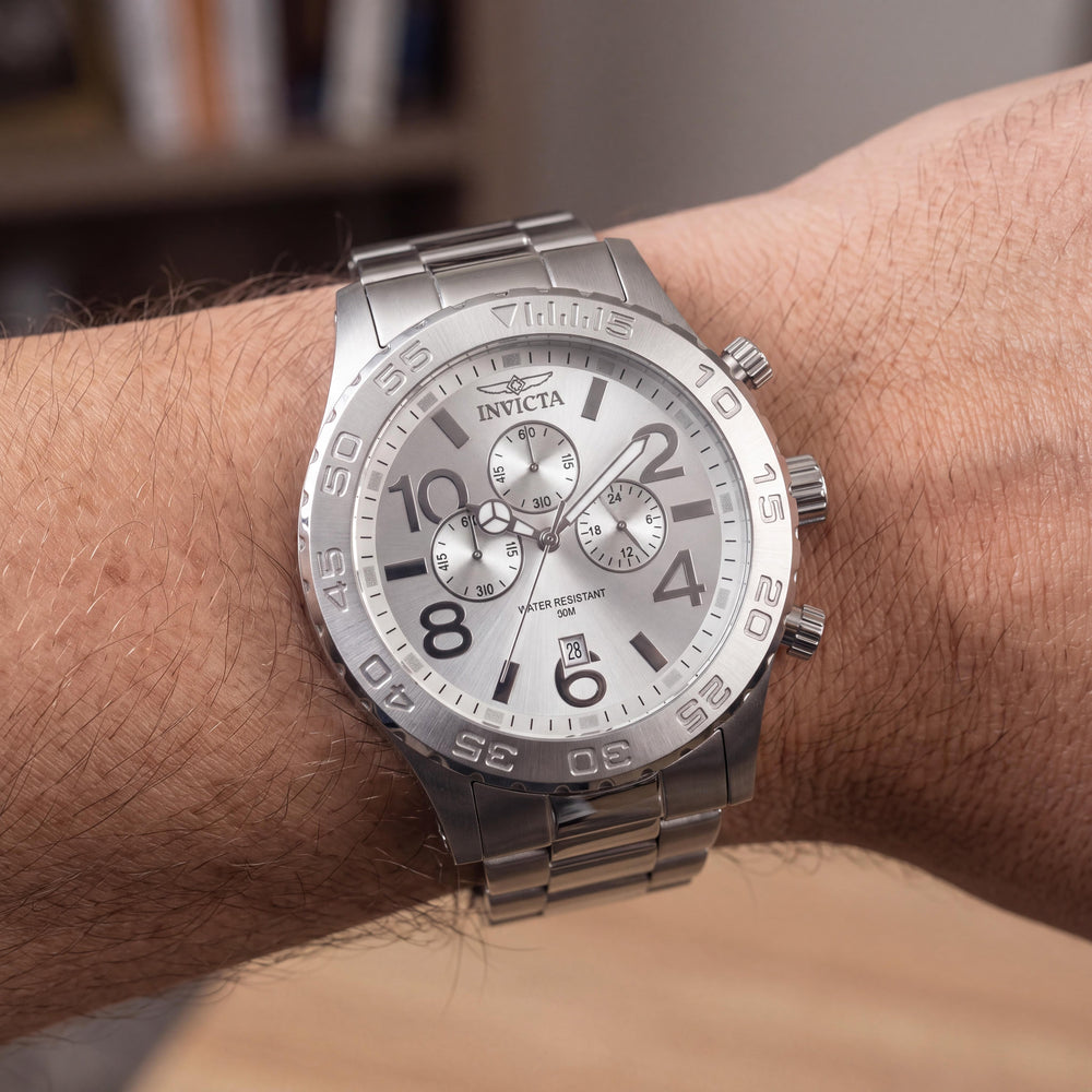 Invicta 1269 Men's Silver Stainless Steel Chronograph Water Resistant Watch with Luminous Arabic Numerals 50mm