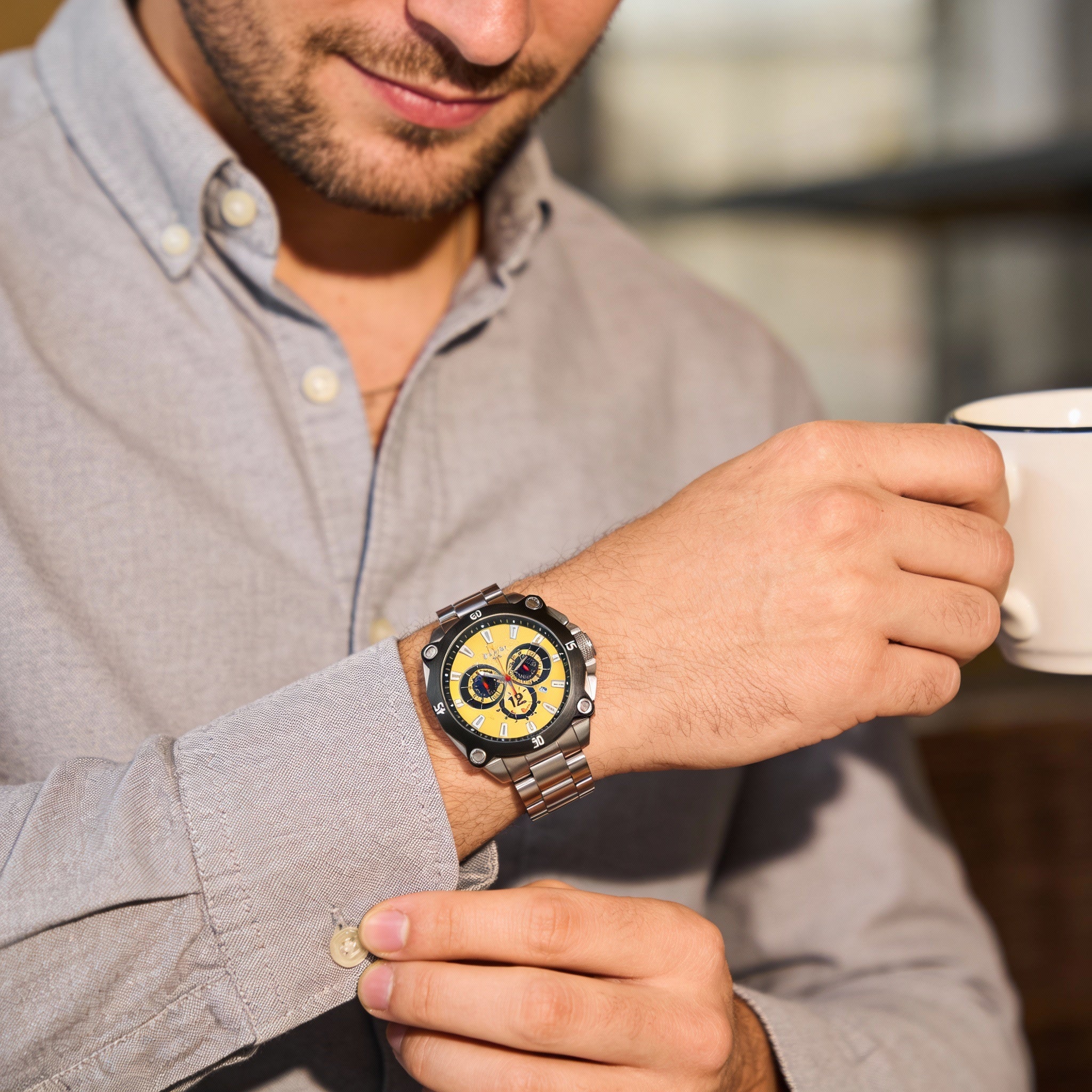 Reloj cronógrafo analógico de cuarzo Roberto Bianci para hombre con caja y pulsera de acero inoxidable plateado, esfera amarilla, Photo 3