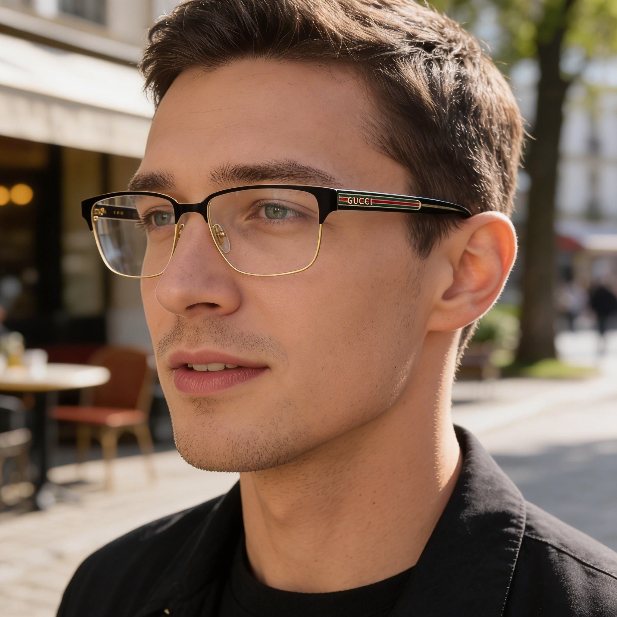 Gucci GG0383O-004 Men's Rectangle Full Rim Plastic and Metal Eyeglasses Black, Gold, Green, Red 58mm, Photo 6