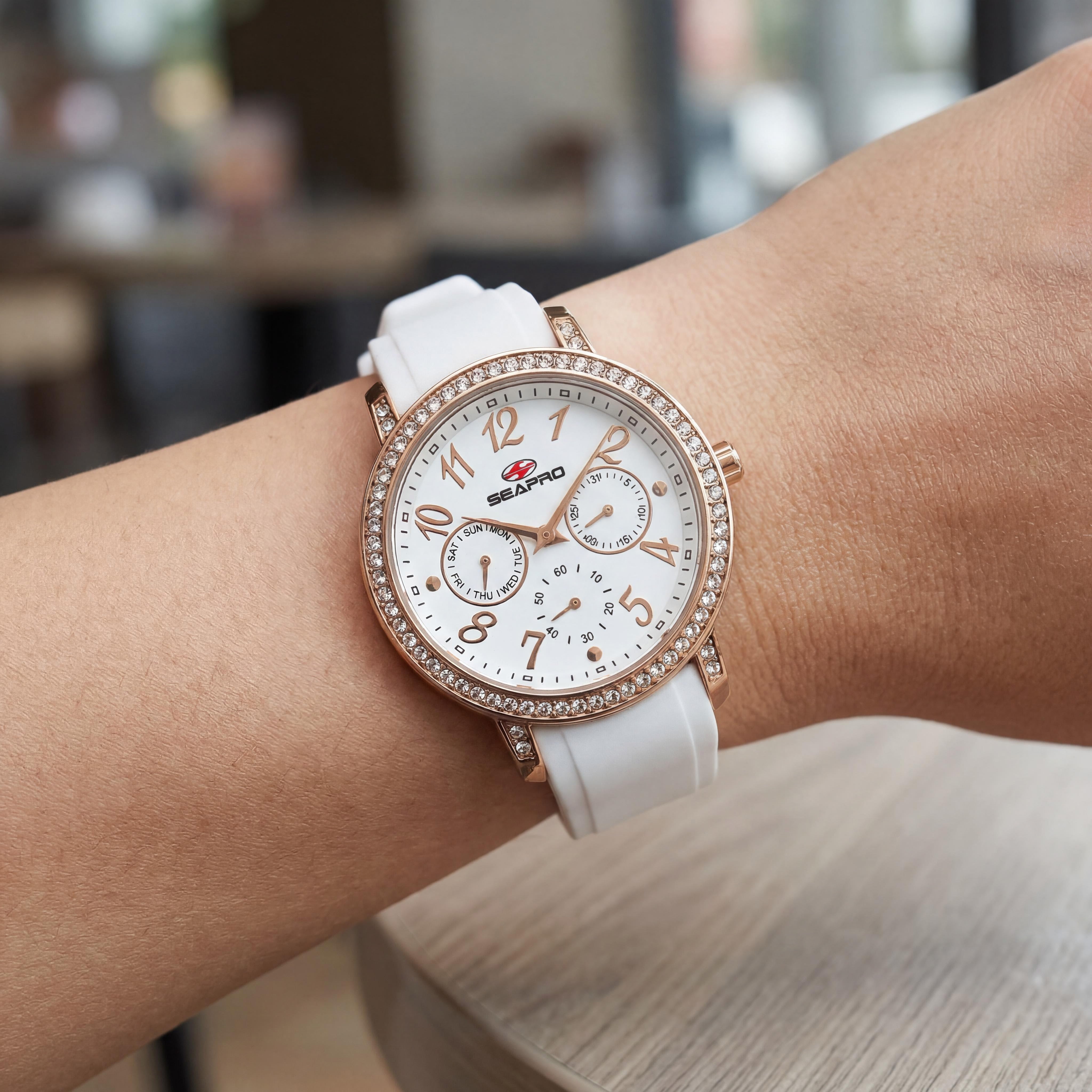 Seapro Women's Quartz Movement Analog Display Watch with Silver Silicone Strap, 50M Water Resistant, 37mm Case, Photo 4