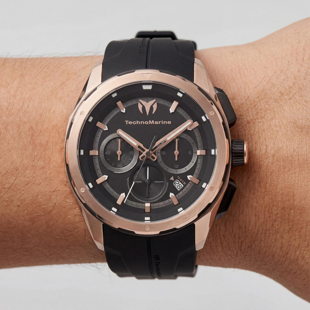 TechnoMarine TM-318102 Ocean Unisex Chronograph Watch, Black & Rose Gold Tone, Silicone Band, 43mm