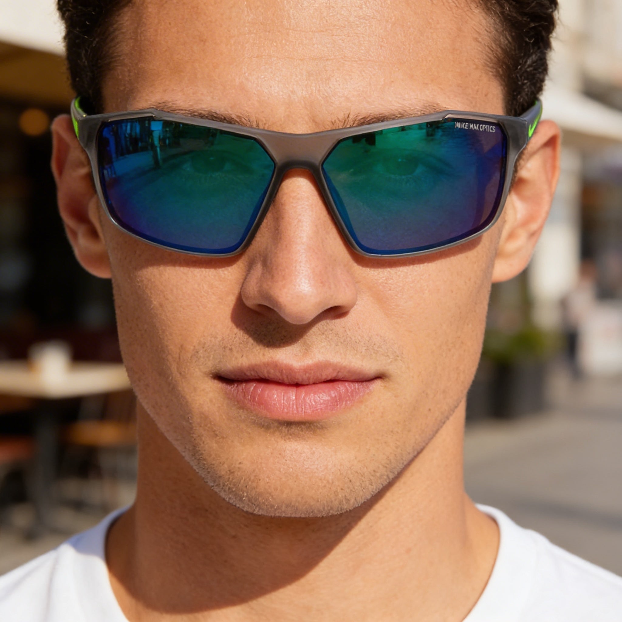 Nike Casual Men's UV Protected Plastic Frame Sunglasses, Matte Dark Grey Green with Blue Multicolor Lenses, 65mm, Photo 6