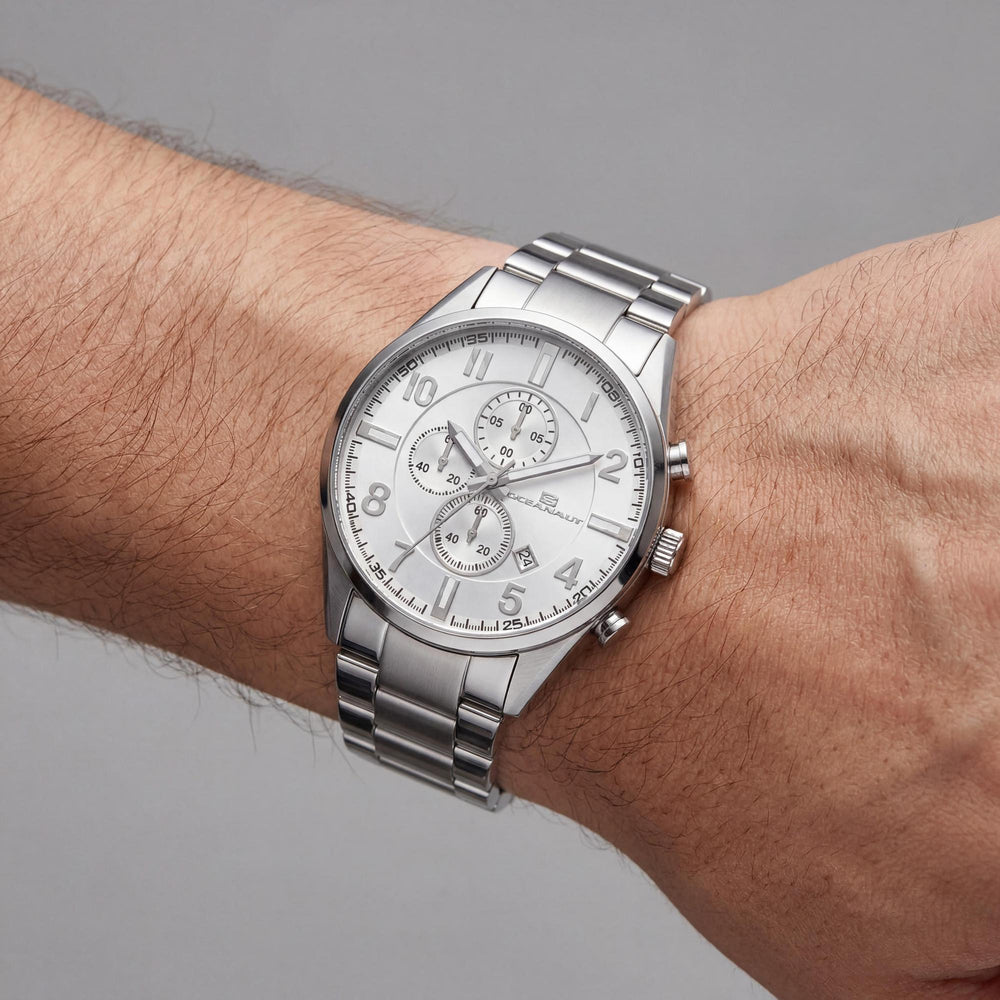 Reloj Oceanaut para hombre, cronógrafo de cuarzo, acero inoxidable, esfera plateada, resistente al agua hasta 100 m.