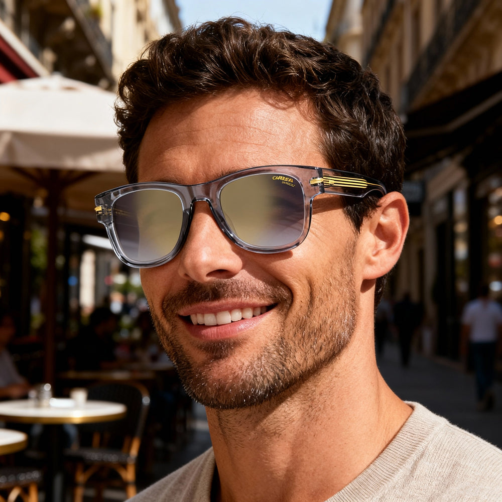 Gafas de sol Carrera 330/S para hombre, montura de acetato gris, efecto espejo dorado degradado, 100 % UV, no polarizadas, 50 mm