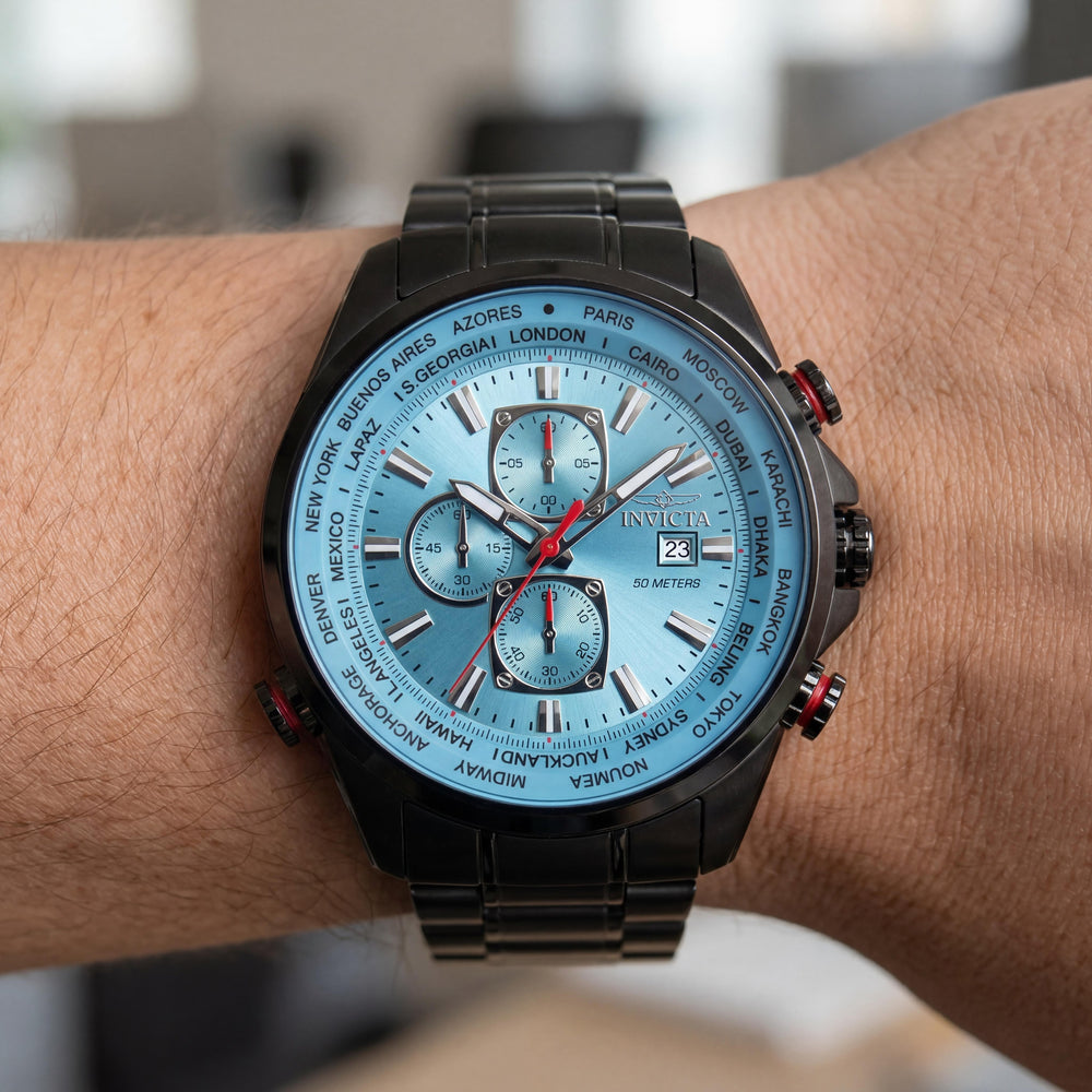 Invicta Aviator 50498 Reloj Unisex Cronógrafo de Cuarzo con Brazalete, Caja Negra, Esfera Azul, Sumergible 5 ATM, 50mm