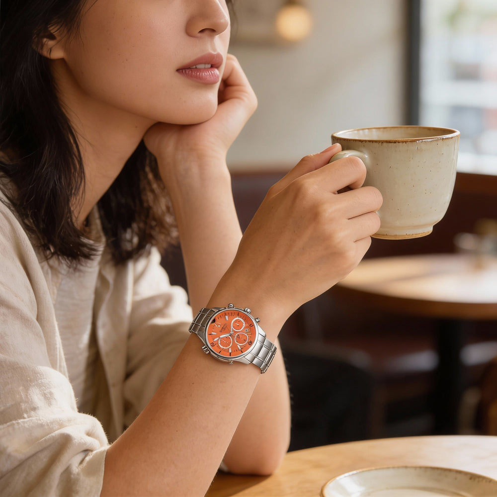 Bulova Marine Star Chronograph Unisex Silver-tone Stainless Steel Orange Dial Perpetual Calendar Watch 43.5mm