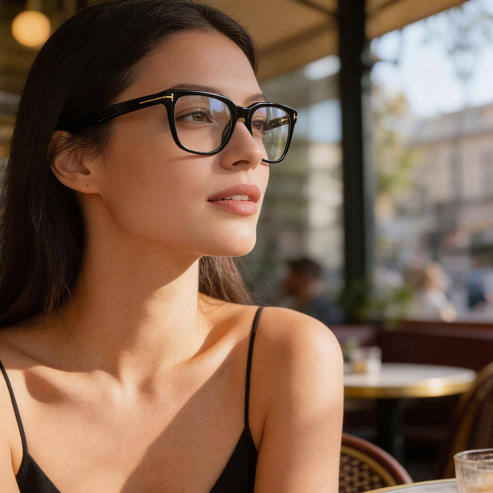Gafas unisex Tom Ford FT5304 001 con montura completa de plástico y lentes de material compuesto transparente, color negro, ancho de lente de 54 mm.