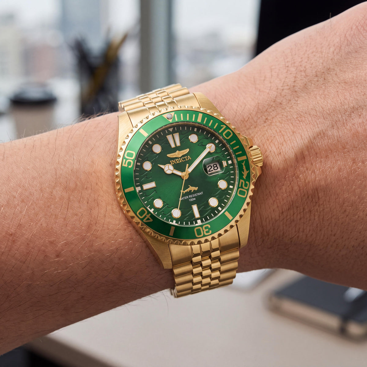 Invicta Diver Quartz Movement Unisex 43mm Gold-Tone Stainless Steel Watch with Green Luminous Dial, Photo 4