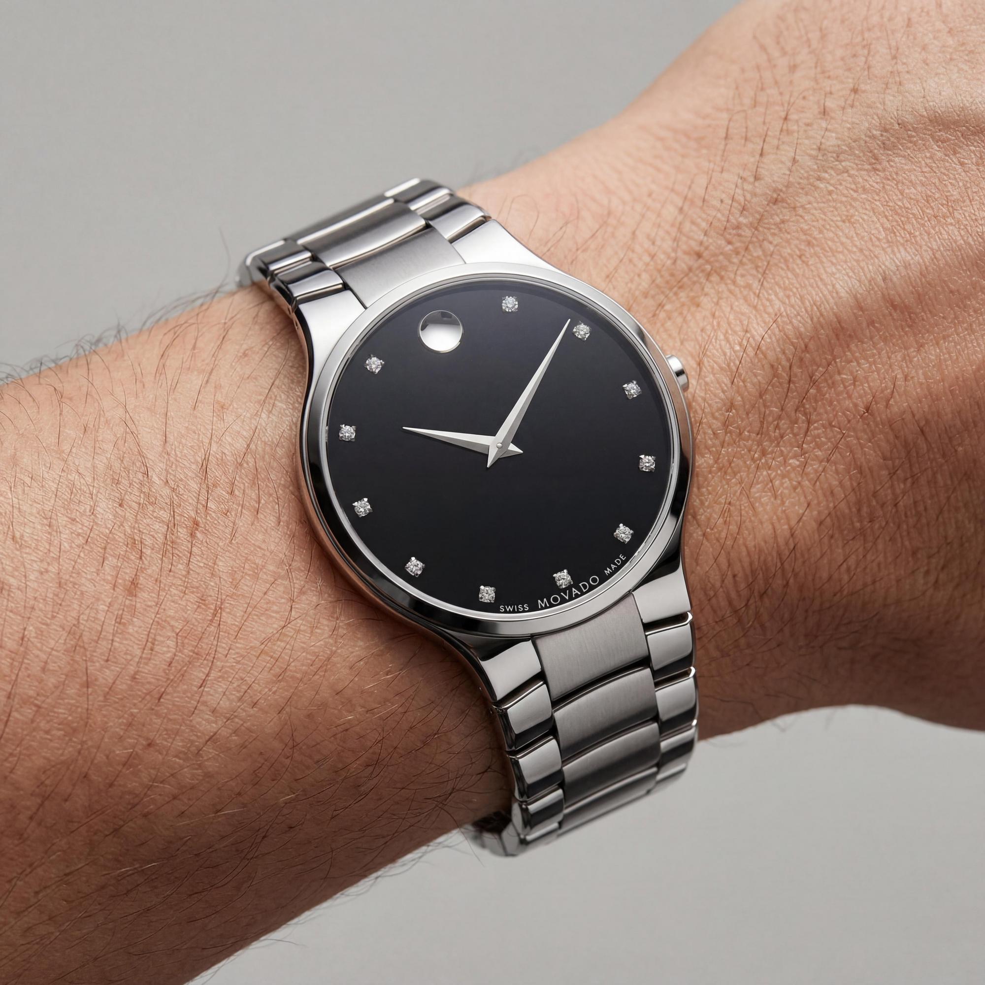 Reloj de cuarzo Movado Serio para hombre, de acero inoxidable en tono plateado, con esfera de museo negra y correa de 38 mm., Photo 3