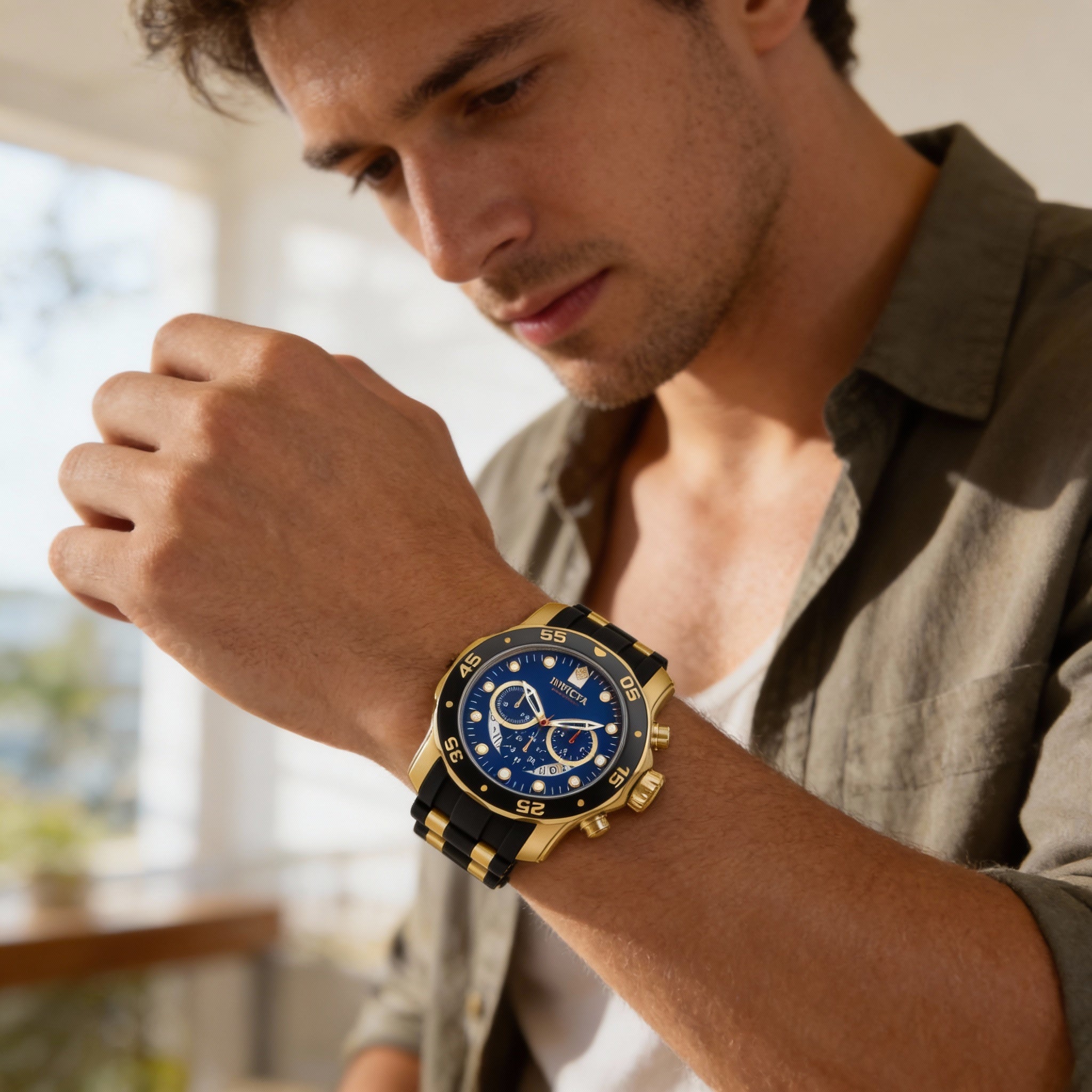 Invicta Pro Diver 37229 Men's Gold Tone Stainless Steel Blue Dial 48mm Water Resistant Chronograph Watch, Photo 3