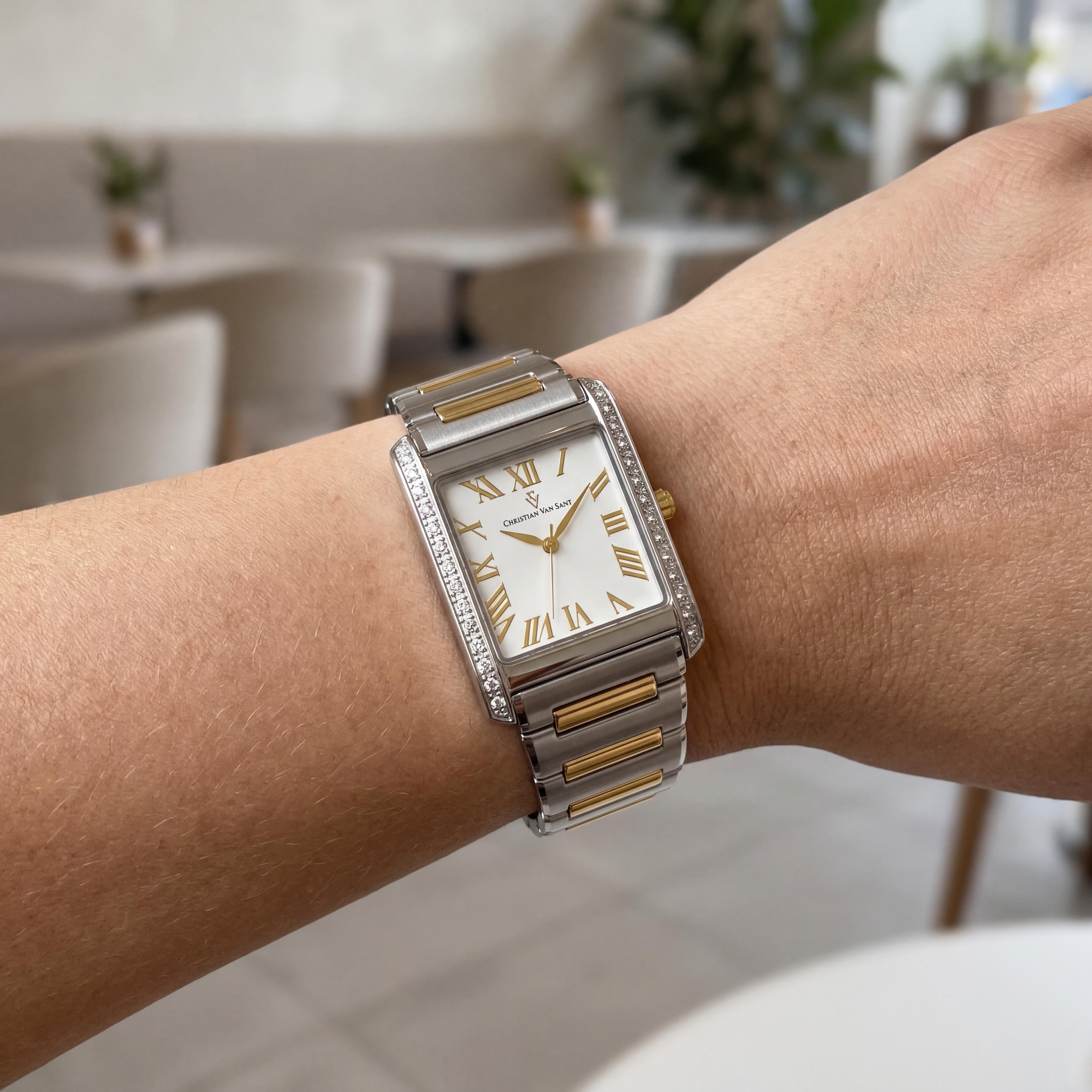 Christian Van Sant CV1288 Women's Two-tone Stainless Steel White Dial Square Quartz Watch 20mm Case, Photo 3