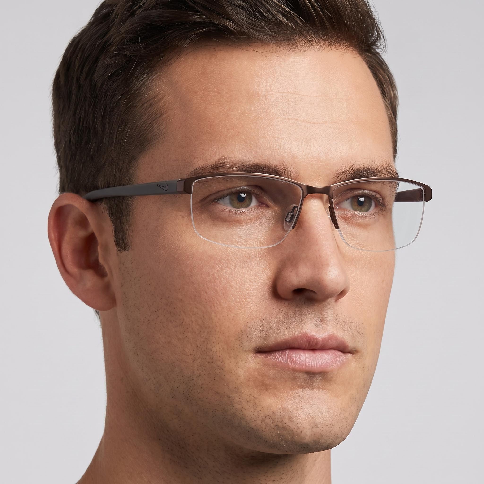 Nike Casual Men's Prescription Eyeglasses with Transparent Plastic Lenses in Walnut Cargo Khaki, Size 56-16-140, Photo 5