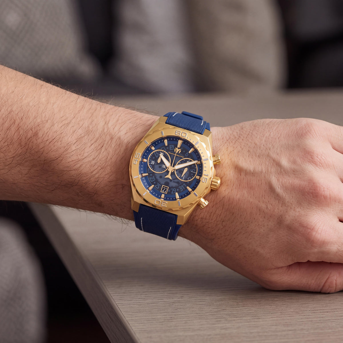 TechnoMarine Modern Men's Swiss Quartz Gold-Tone Stainless Steel Blue Dial 48mm Water Resistant Luminous Watch, Photo 4