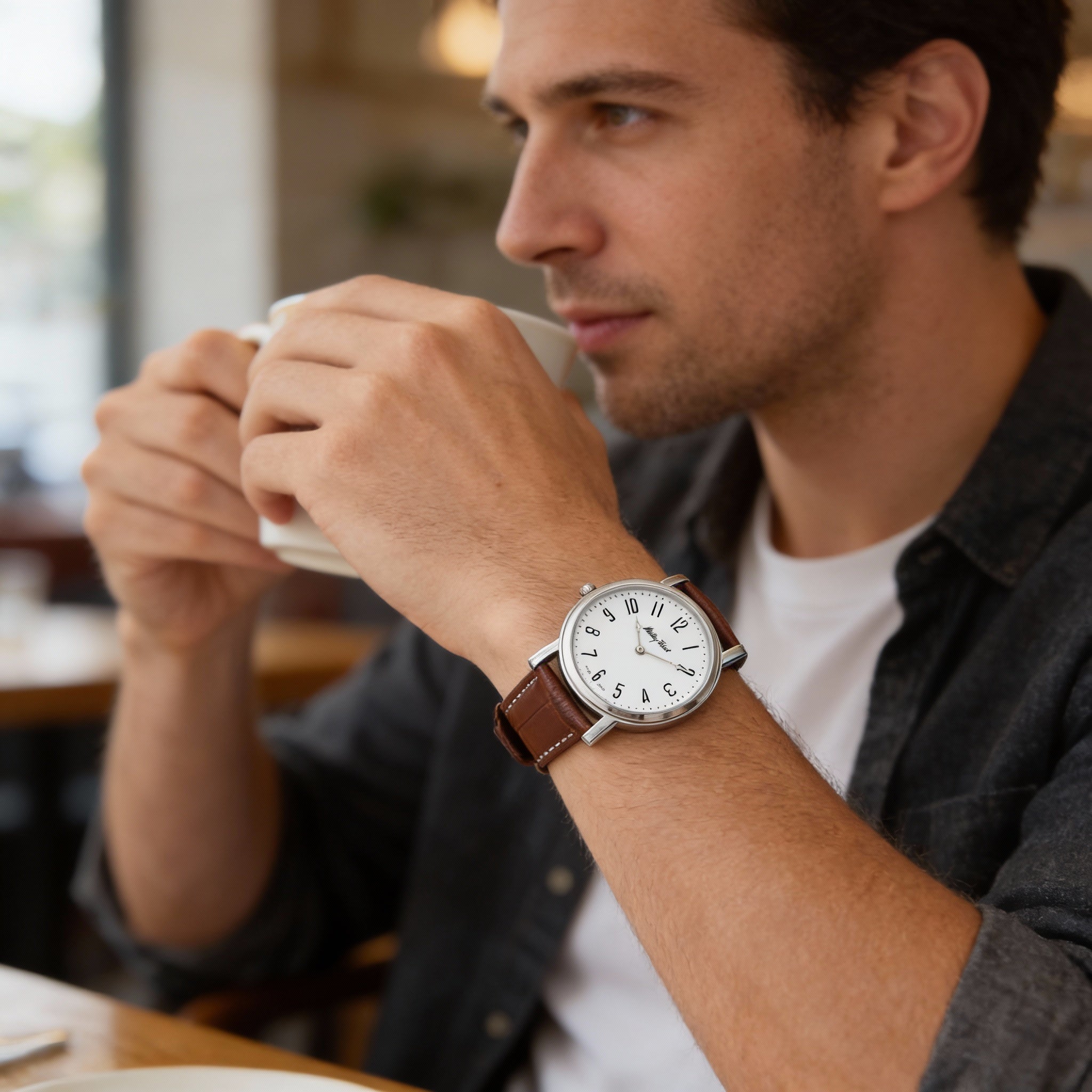 Mathey-Tissot Quartz Movement Men's White Dial Round Stainless Steel Leather Water Resistant Watch, Photo 5