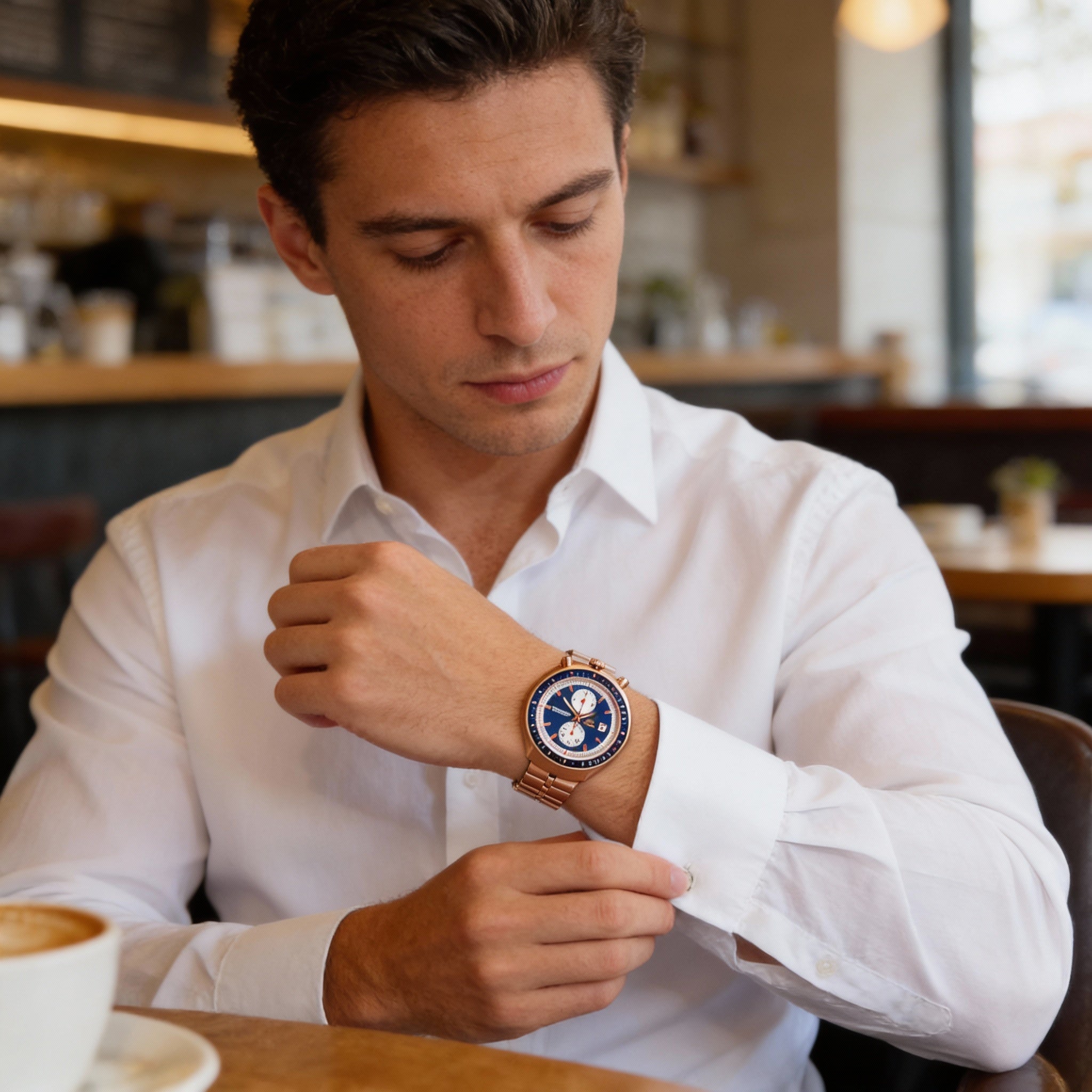 Reloj cronógrafo de pulsera Adee Kaye para hombre con visualización de 24 horas y fecha, movimiento de cuarzo japonés, tono azul rosa, 44 mm, Photo 4