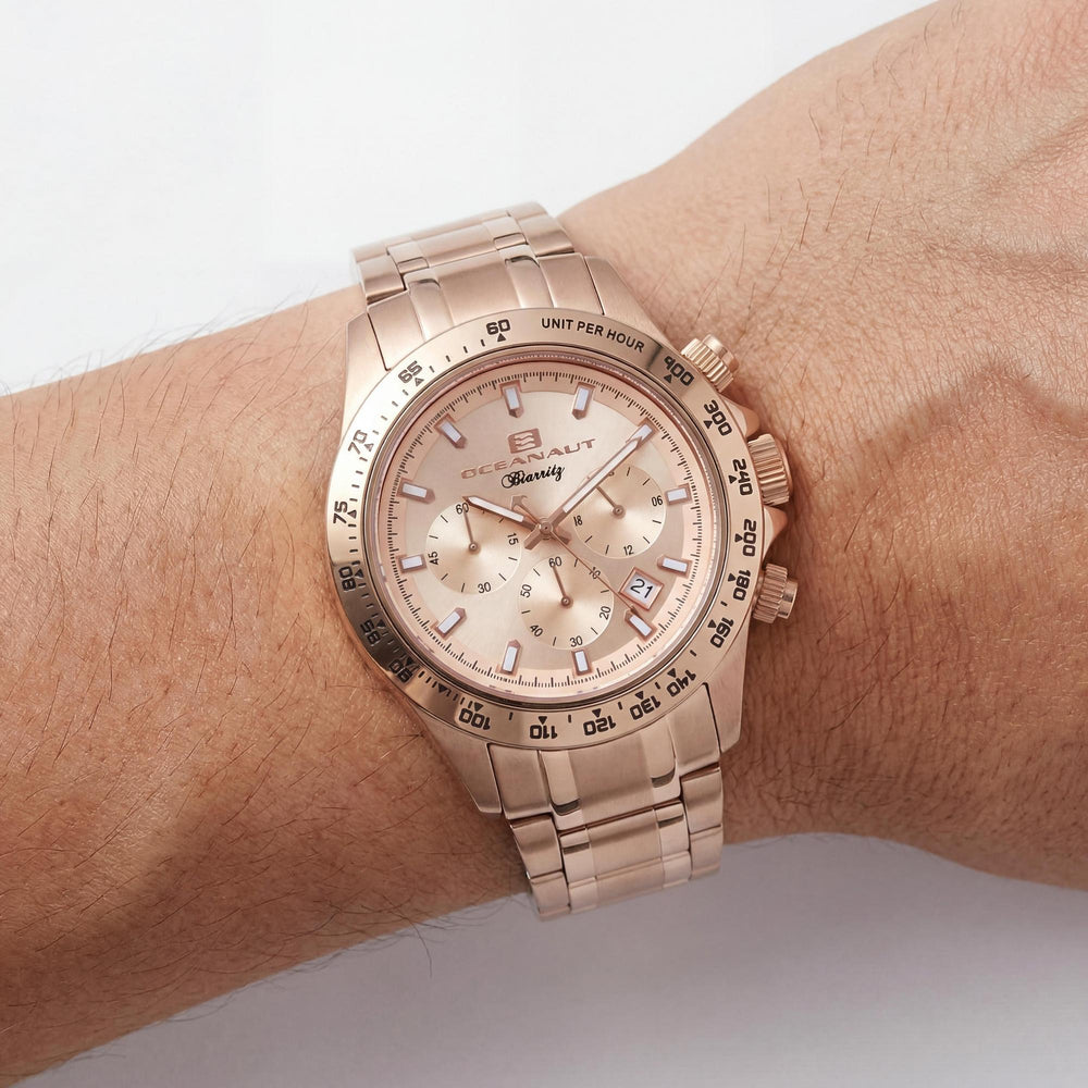 Reloj Oceanaut de cuarzo para hombre, acero inoxidable en oro rosa, esfera amarilla, resistente al agua