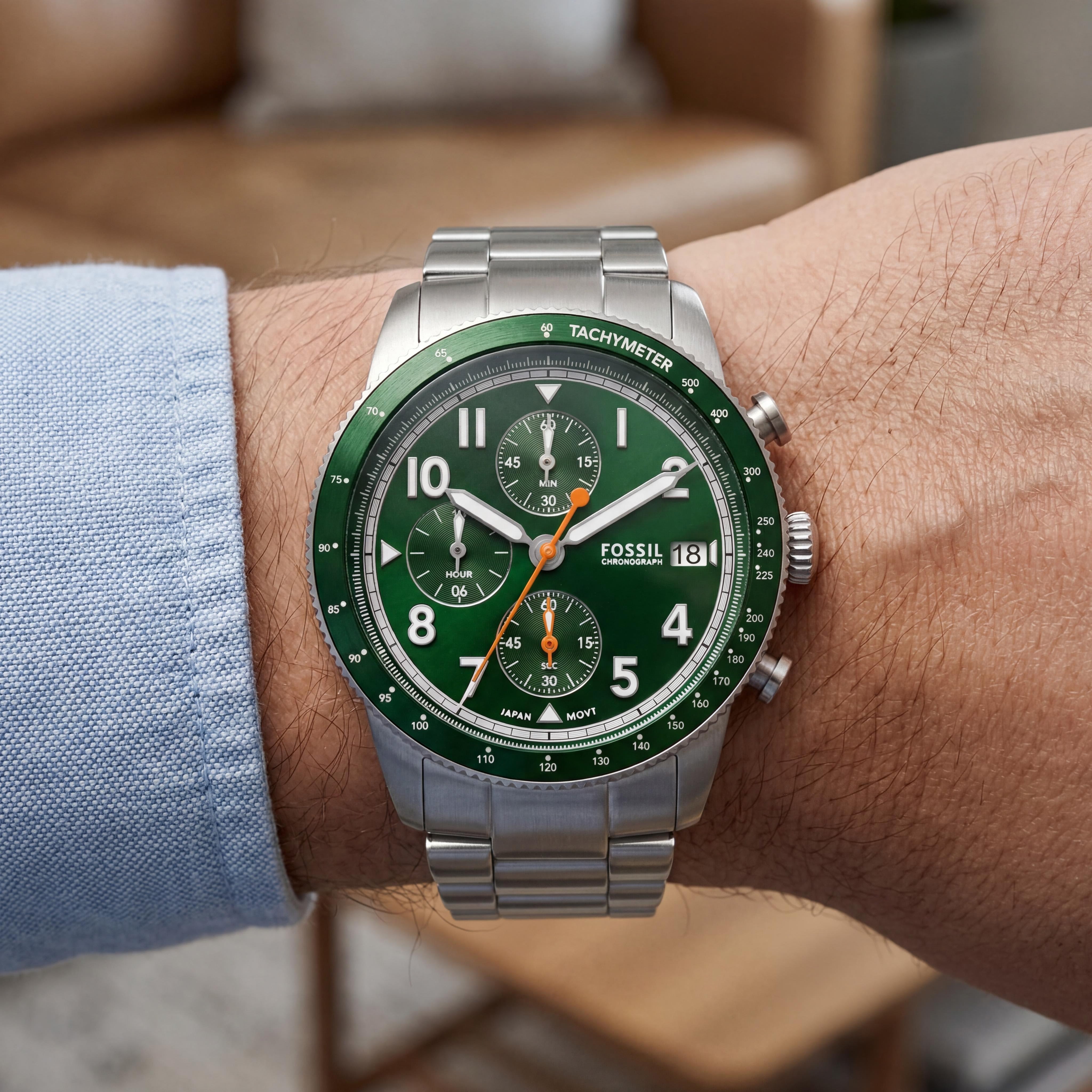 Reloj Fossil Sport Tourer Cronógrafo de Hombre Acero Inoxidable Plateado/Verde 42mm, Photo 4